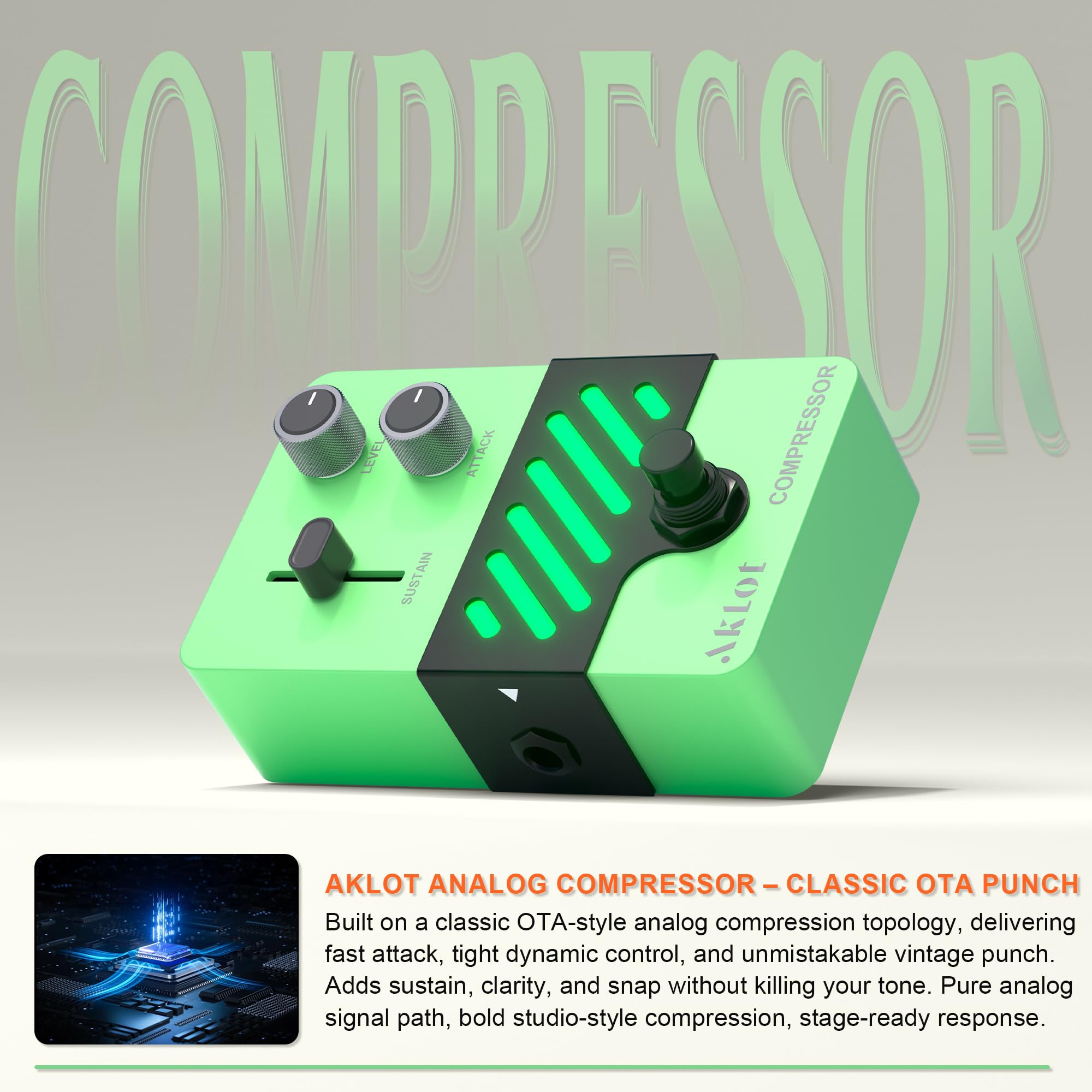 AKLOT Compressor Electric Guitar Pedal: Smooth Studio-Level Compression for Clean Sustain, Dynamic Touch-Responsive Control, Level & Sustain Knobs, Mini Guitar Effect Pedal True Bypass, NEON PulseLock