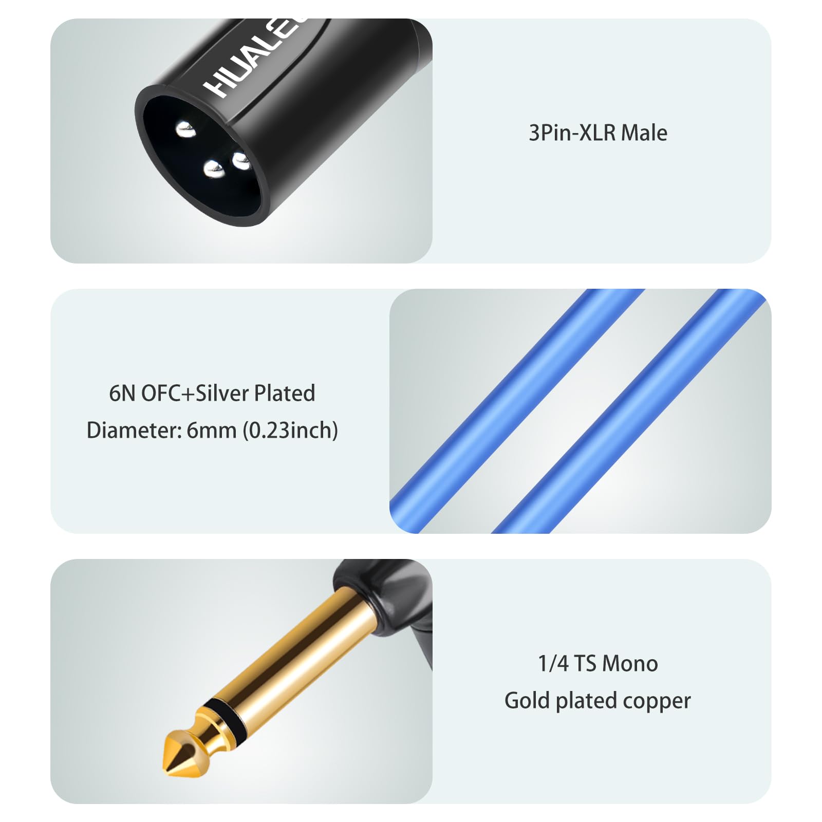 HUALEU 3.3Feet Right Angle 1/4 TS to XLR 3Pin Male Microphone Audio Cable,6.35mm TS Mono Right Angle to XLR Male 3pin,6N OFC+Silver Plated HI-END Audio Cable for Micphone Mixer-2Pack