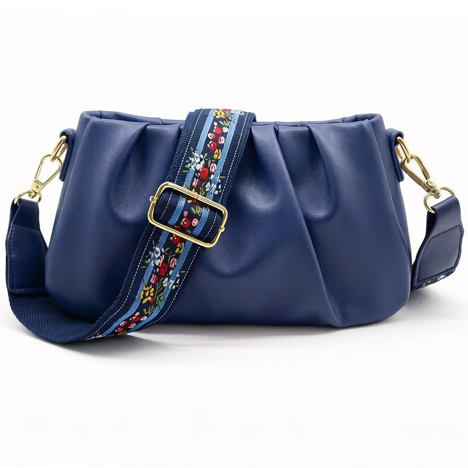 Adjustable Blue Purse Strap with Blue Leather End – 1.5″ Wide Handbags, Camera, Guitar, Phone & Crossbody Bag Replacement Shoulder Straps(Gold Hardware)