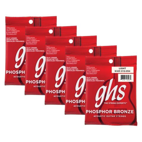 GHS Strings – Phosphor Bronze Acoustic Guitar Strings – Warm, Rich Tone, Balanced & Long-Lasting – For Acoustic, Fingerstyle, Strumming, Country, Rock, S325 Set (L) Light Gauge 12-54, 5 PACK