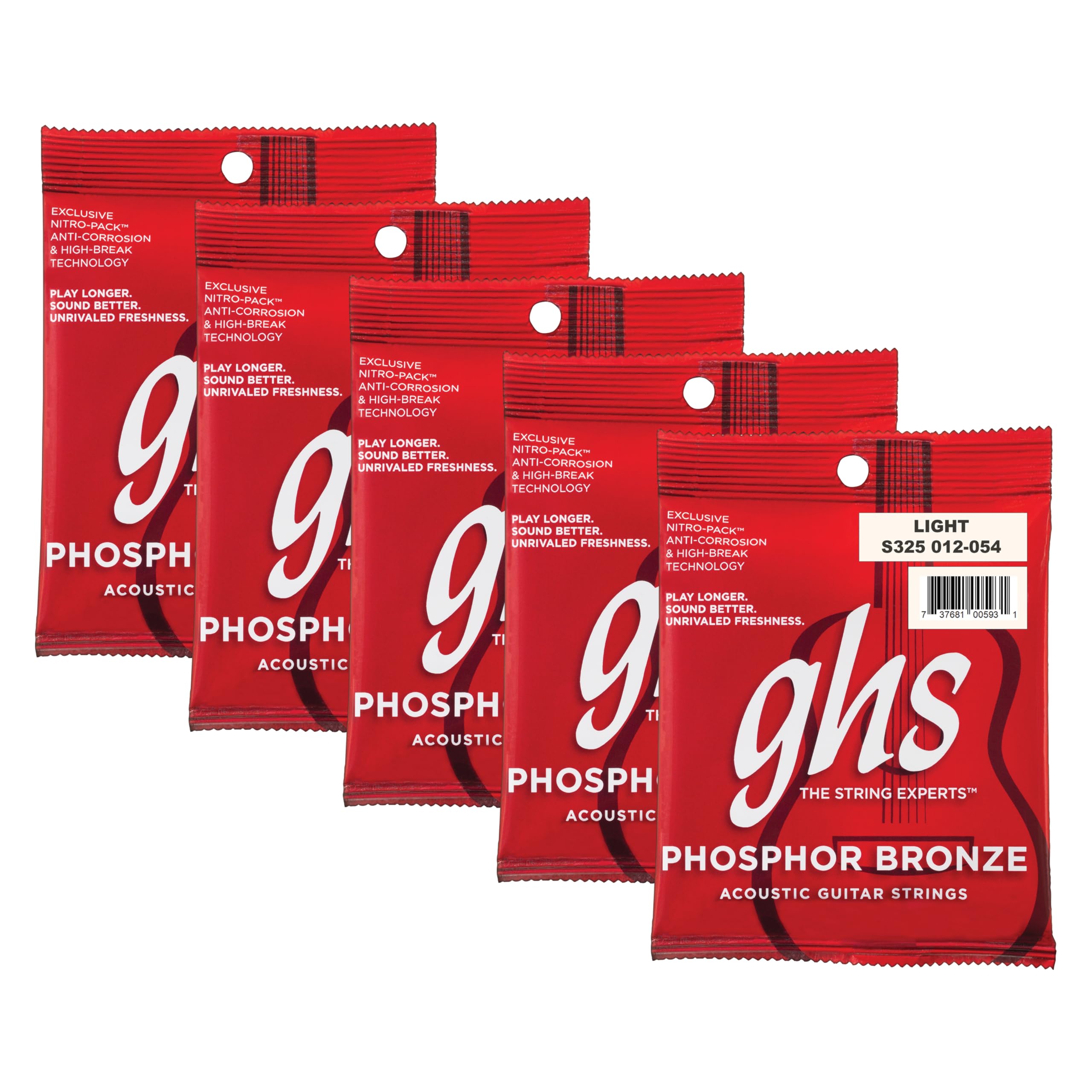 GHS Strings – Phosphor Bronze Acoustic Guitar Strings – Warm, Rich Tone, Balanced & Long-Lasting – For Acoustic, Fingerstyle, Strumming, Country, Rock, S325 Set (L) Light Gauge 12-54, 5 PACK
