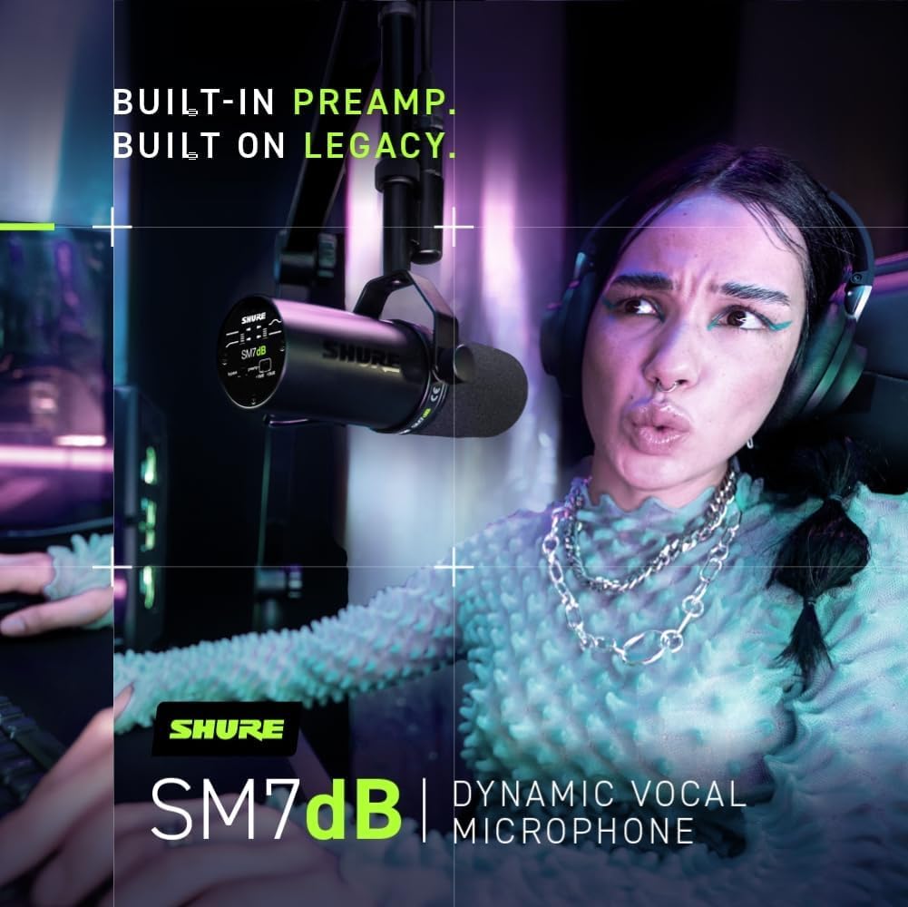 Shure SM7dB Dynamic Vocal Microphone w/Built-in Preamp for Streaming, Podcast, & Recording with Detachable Windscreen and 20ft XLR Cable