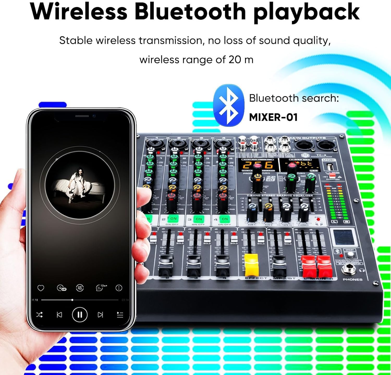 W IN-MIX 8 Channel Professional Audio Mixer with MP3 Player+Bluetooth U disk 48V Phantom Power Source USB recording for Studio Recording, Live Performances