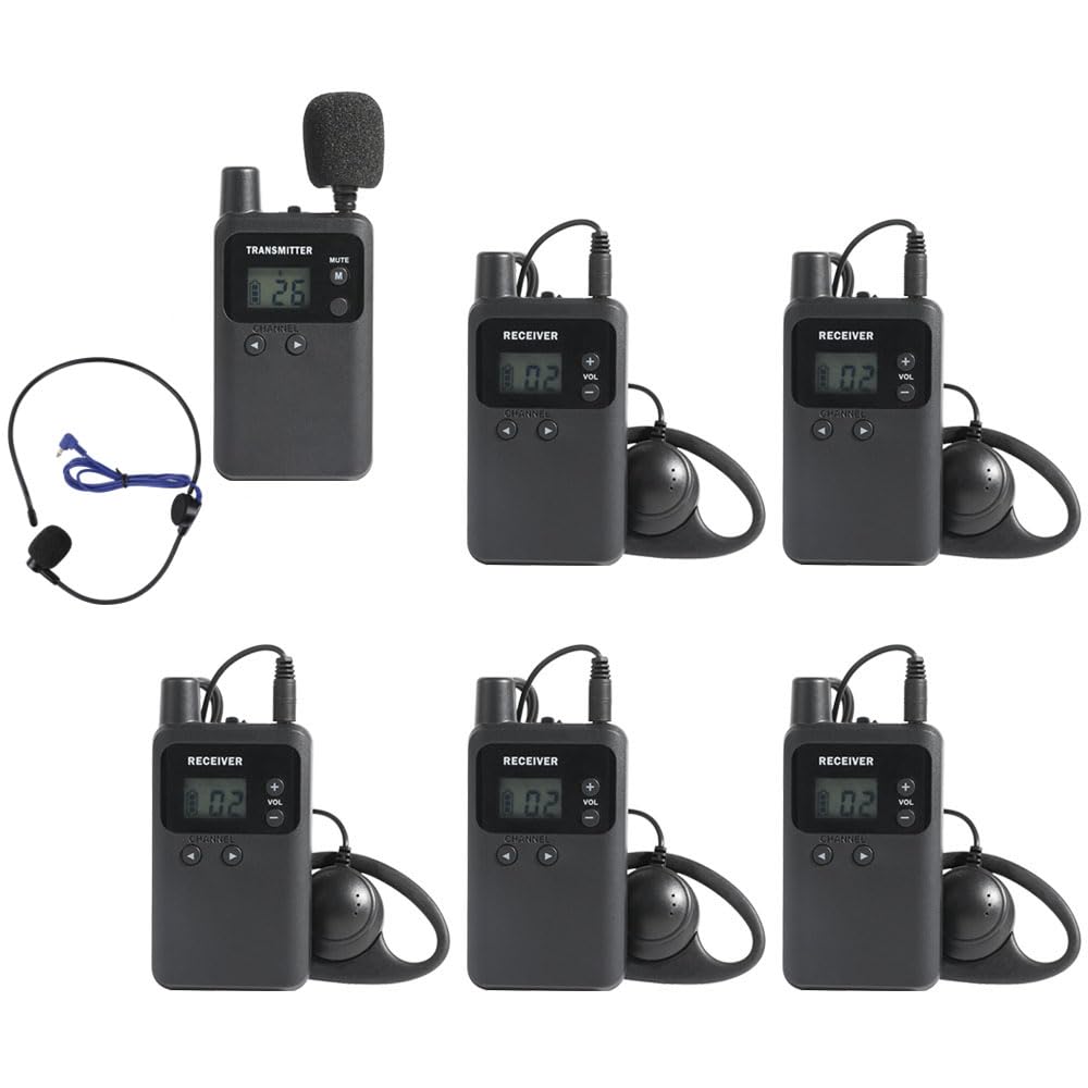 AGJ Wireless Tour Guide System, Tour Guide Microphone, Tour Guide Headsets 1 Transmitter 5 Receivers Assisted Listening Simultaneous Interpretation Translation System for Church Factory School Court
