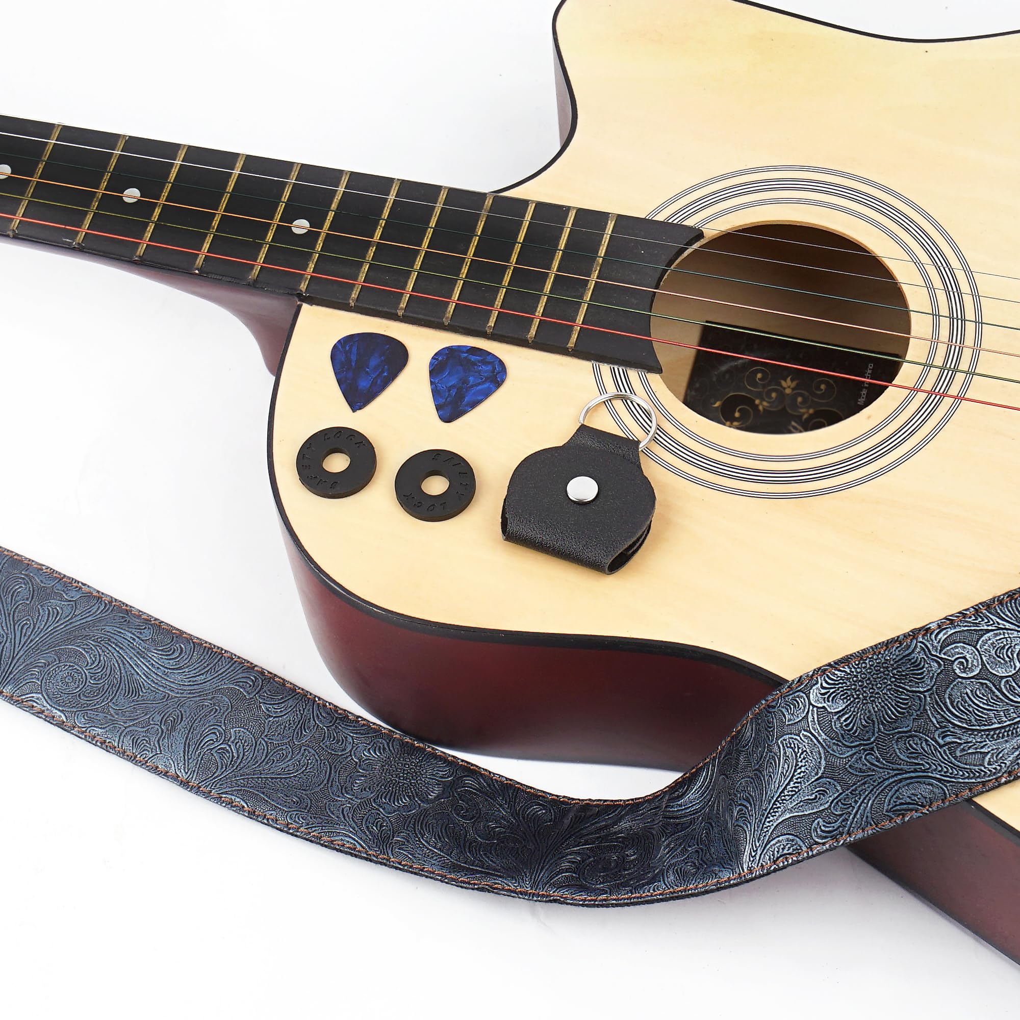 LIZIMANDU Adjustable Guitar Strap Includes 2 Strap Locks & 2 Matching Picks & 1 Picks Holder & 1 leather Strap Button(1-Carving Blue)