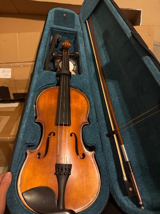 Vetimobato Handmade 4/4 Full Size Violin Set – Solid Flame Maple Back & Sides Spruce Top Ebony Fittings Complete Kit with Case Bow Shoulder Rest Strings for Beginners (Matte Open Box, 4/4)