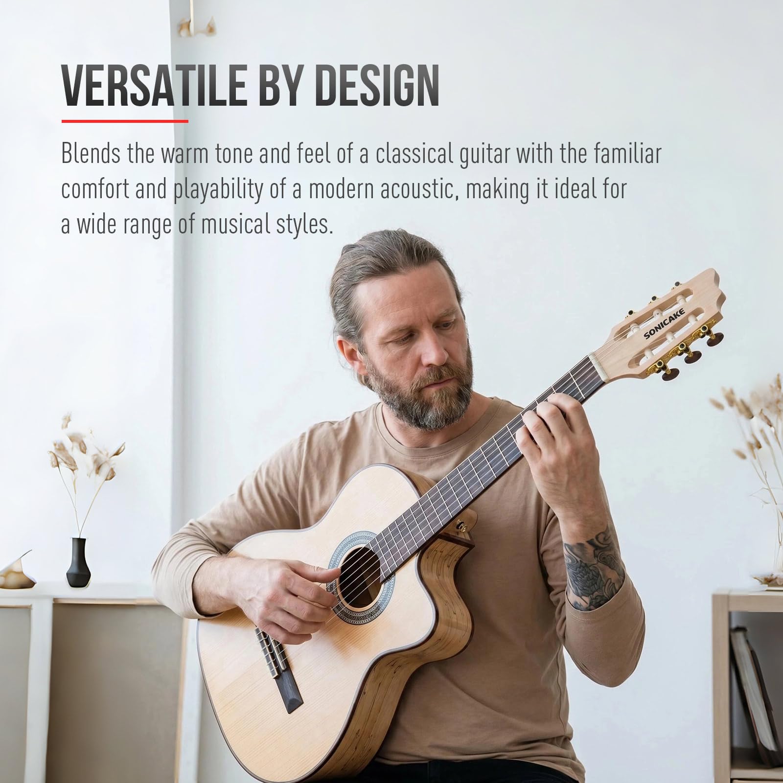 SONICAKE 39″ Acoustic Electric Crossover Guitar, Nylon String, Natural