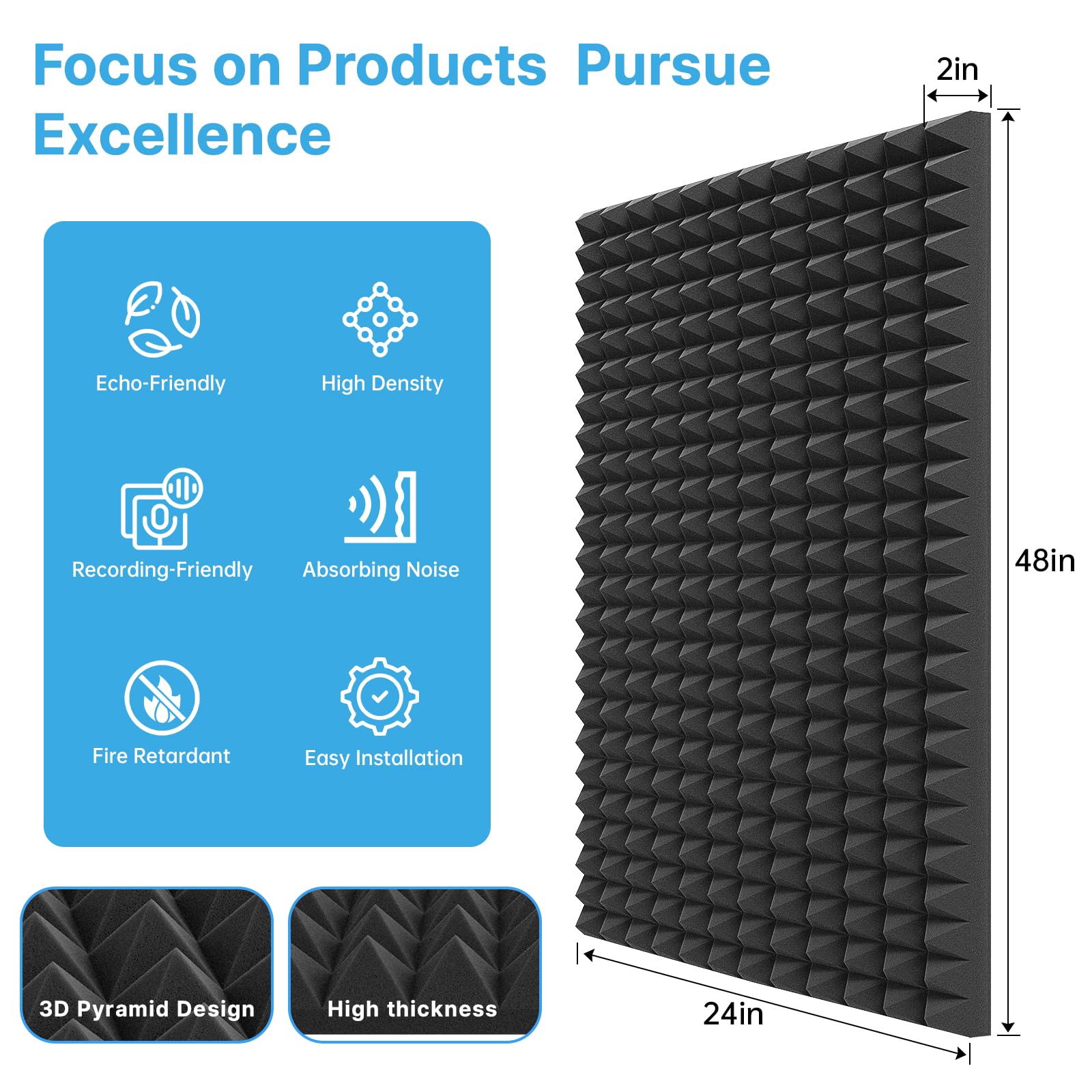 JBER 2 Pack Acoustic Foam Panels, Pyramid Sound Proof Foam Panels for Walls