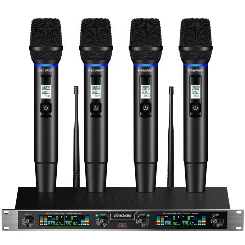 Aokeo Wireless Microphones System, 4 Channel UHF Wireless Mics,with 4 Handheld Dynamic Microphones,Metal Receiver for Karaoke,Singing,Wedding,Party,Speech