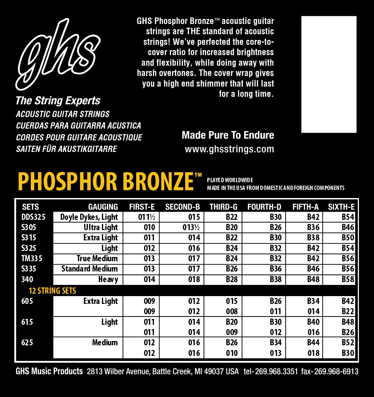 GHS Strings – Phosphor Bronze Acoustic Guitar Strings – Warm, Rich Tone, Balanced & Long-Lasting – For Acoustic, Fingerstyle, Strumming, Country, Rock, S335 Set (M) Medium Gauge 13-56