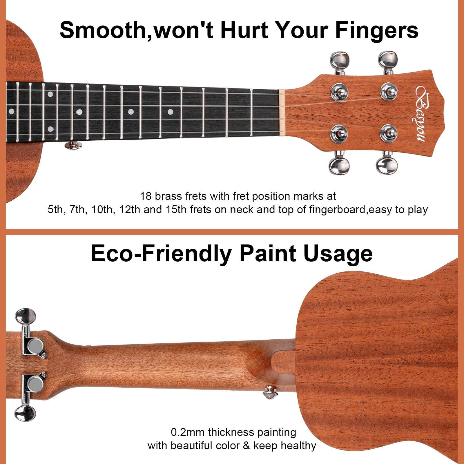 Besyou 21 Inches Beginner Ukulele Kids Travel Student Uku Wooden Soprano Mahogany Ukelele Kits with Tuner Gig Bag Strap Carbon Nylon String Picks Cloth Gift Choice (Ma)