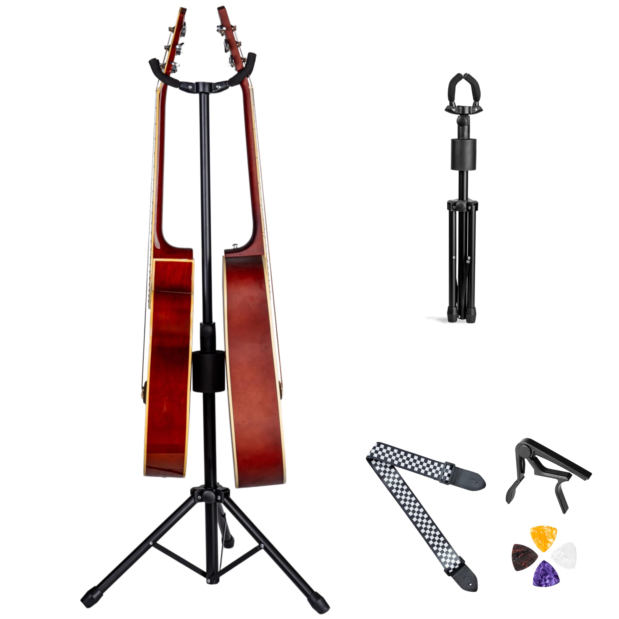 Neciuvy Double Guitar Stand, Portable Tripod Adjustable 2 Guitar Stand Floor for Acoustic, Bass & Electric. Dual Folding Stand for Banjo with Strap & Picks
