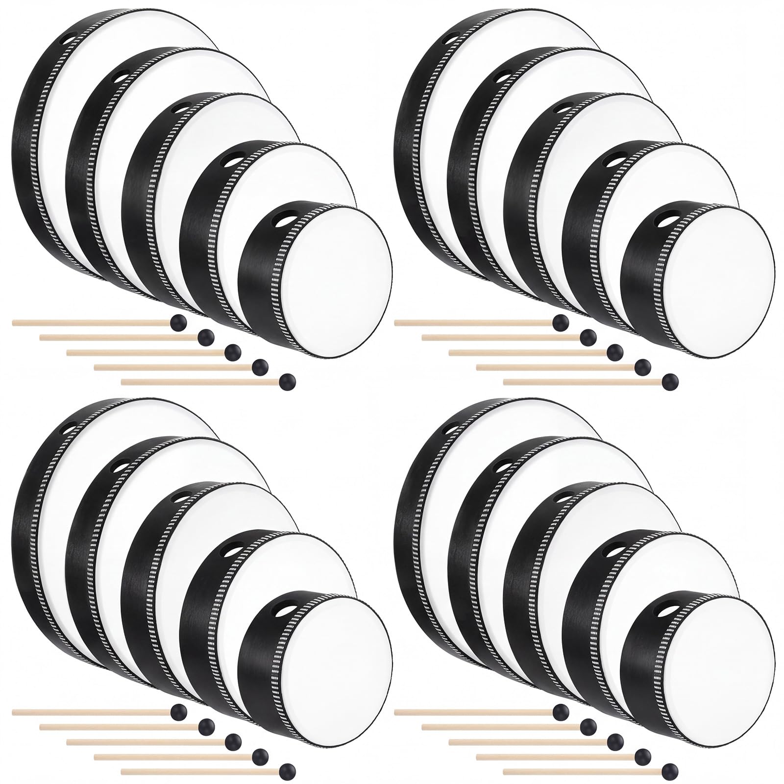 Boao 20 Sets Hand Drums with Drum Sticks 12″ 10″ 8″ 6″ 4″, Black