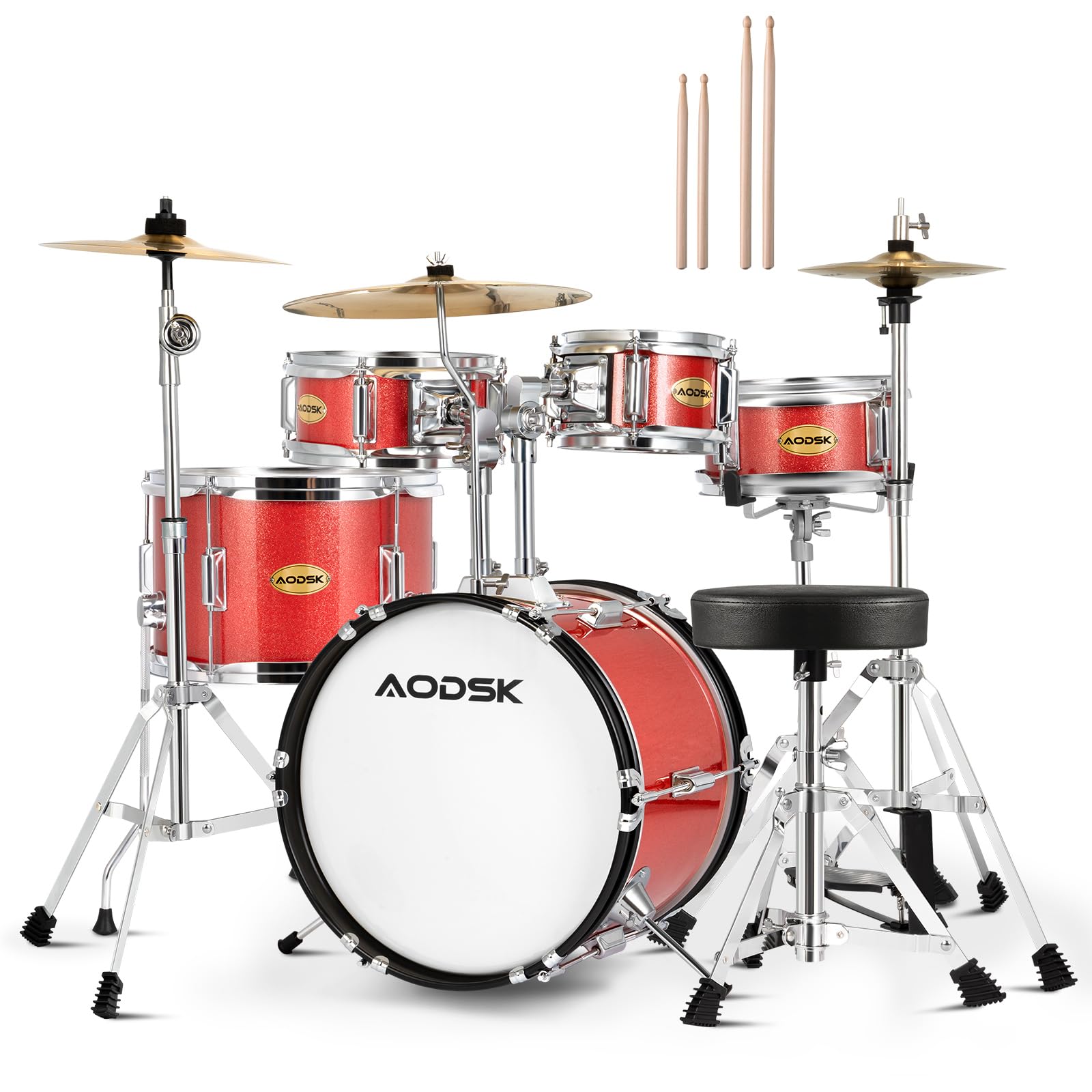 AODSK 5-Piece 14″ Junior Drum Set with Throne, Cymbal Hi-Hat+Sticks, Red