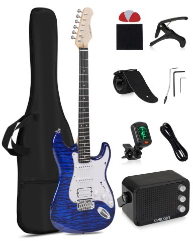 Umelody UST-200 Beginner Electric Guitar Kit HSS Pickup, Versatile 5-Way Switch for Clean to High-Gain Tone, Full-Size ST Style Guitar for Starter & Intermediate Players, Gig Bag (Blue Burst)