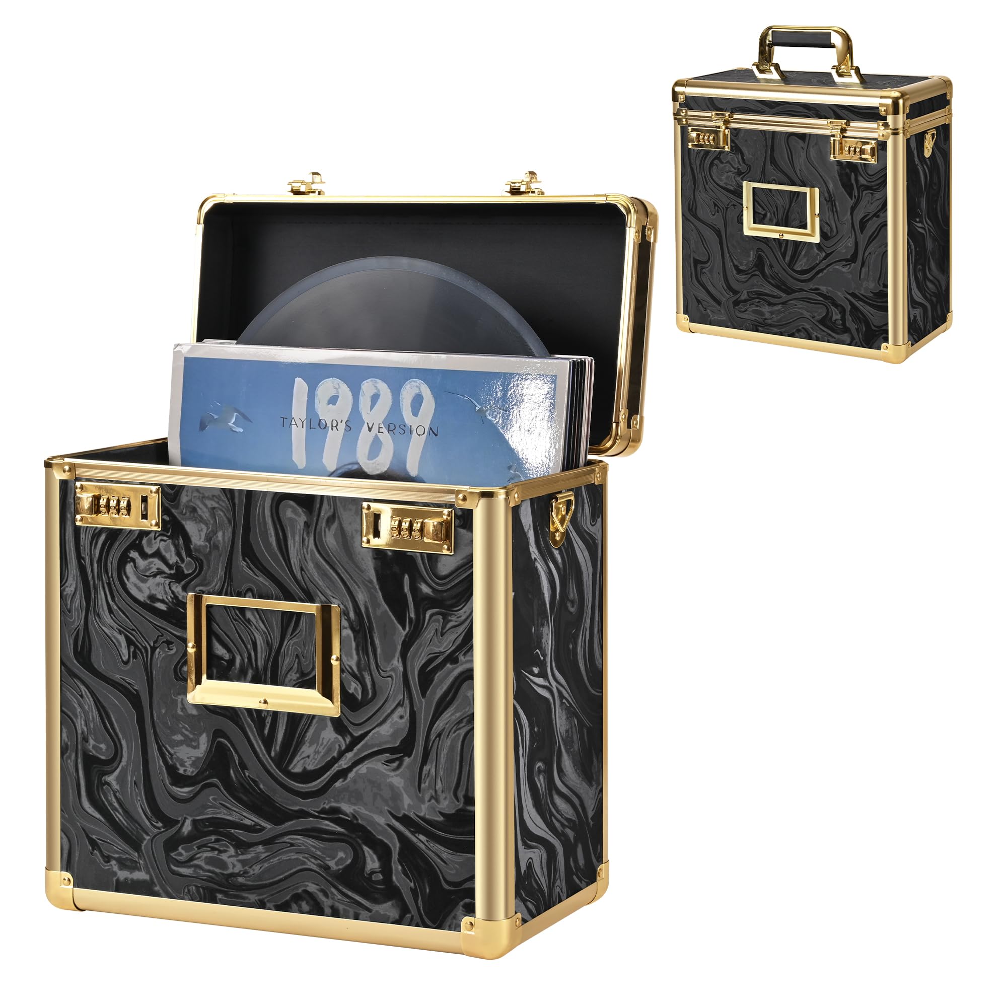 GALHUBIS Vinyl Record Box, Lockable Album Organizer, Holds 32 LPs, Gold