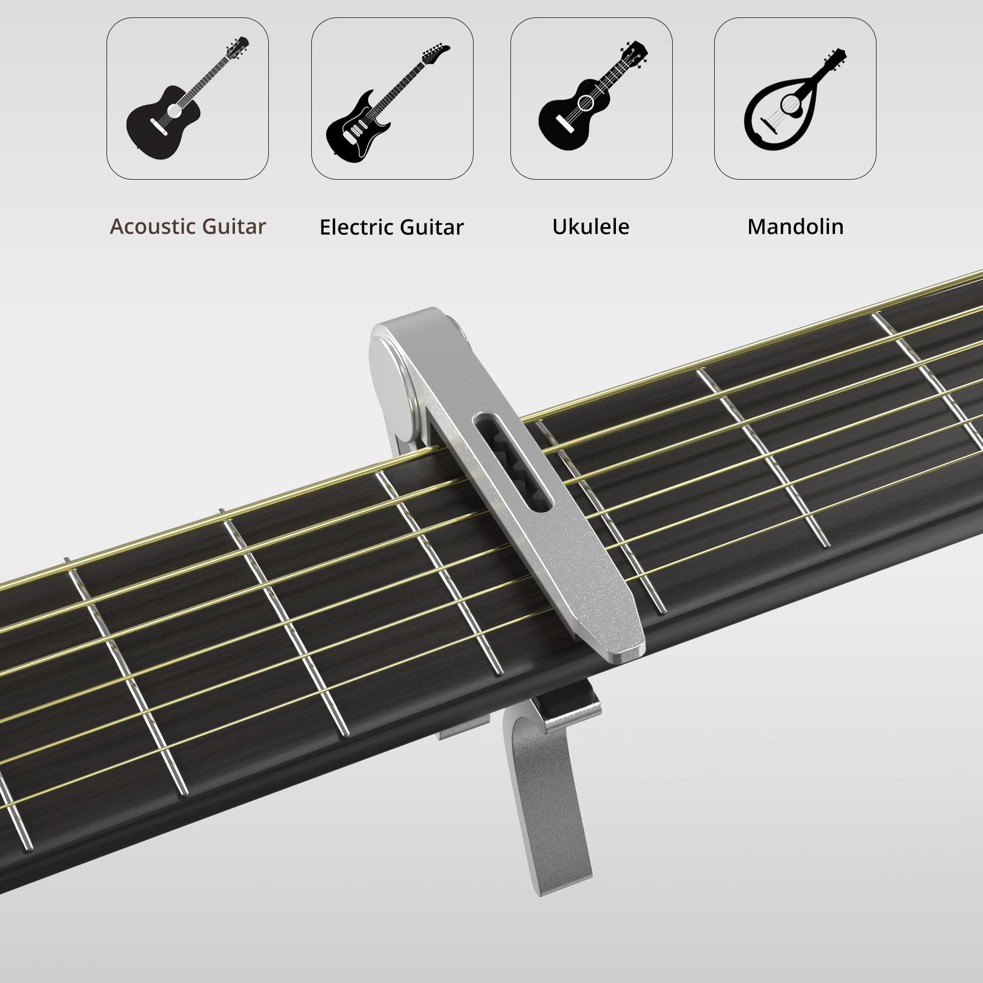 Capo, Guitar Capo with Pick Holder and 5 Picks, Guitar Clamp, Guitar Kapo, Capo for Acoustic & Electric Guitar, Ukulele, Banjo, Mandolin (Black & Silver)