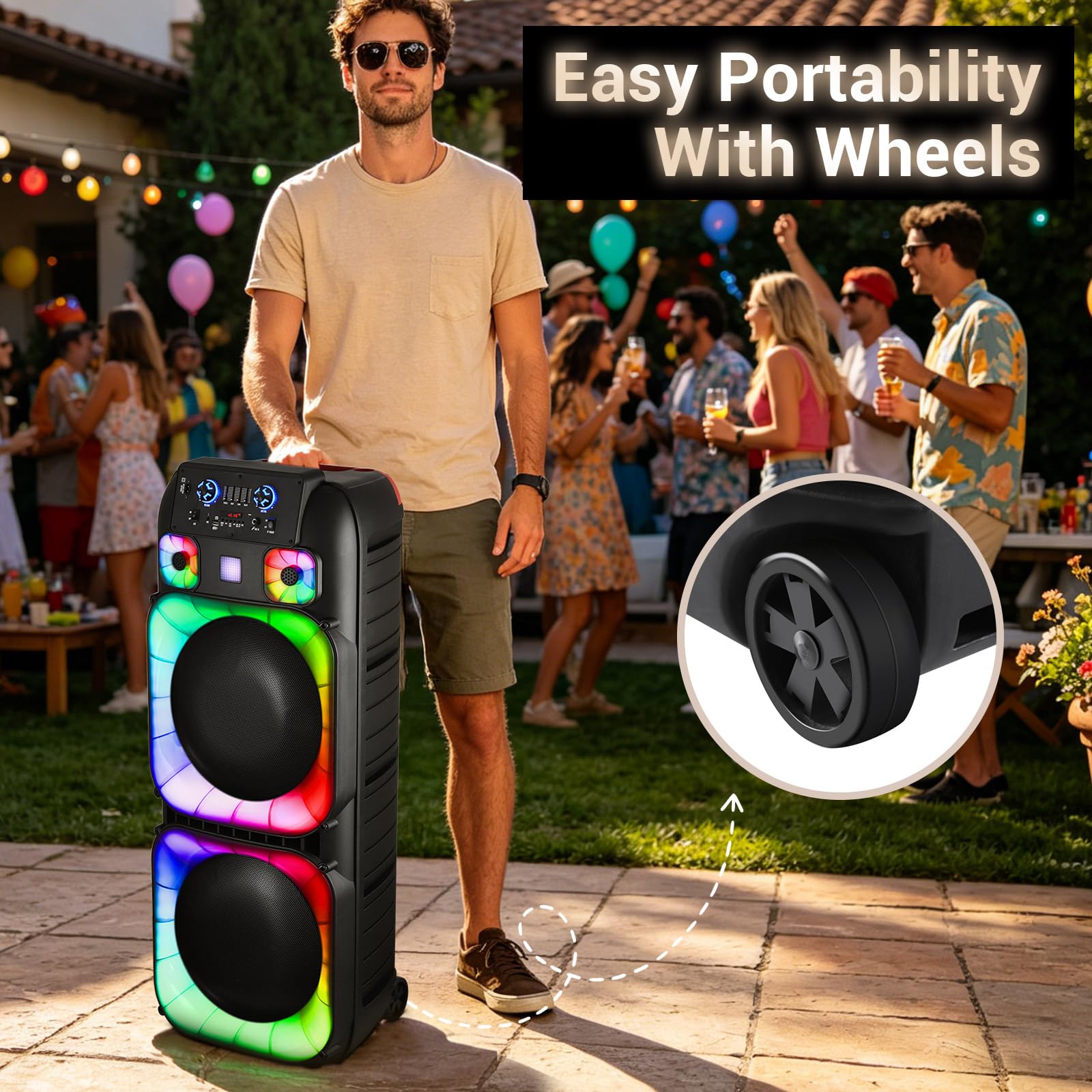 ROXAAN Dual 15″ Party Bluetooth Speaker with 7-Color LED Lights, FM Radio