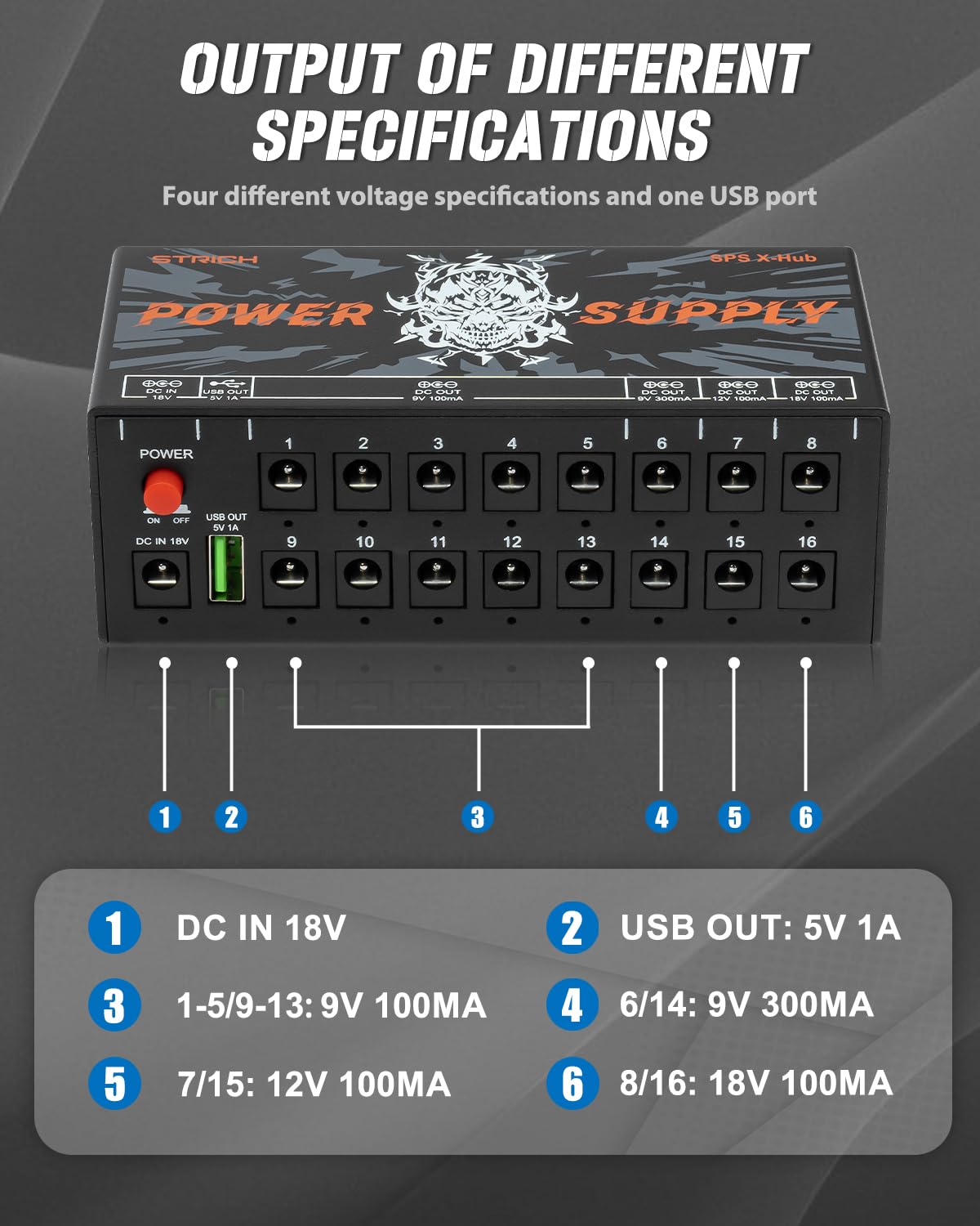 STRICH SPS X-Hub Guitar Pedal Power Supply, 16 Outputs, 9V/12V/18V
