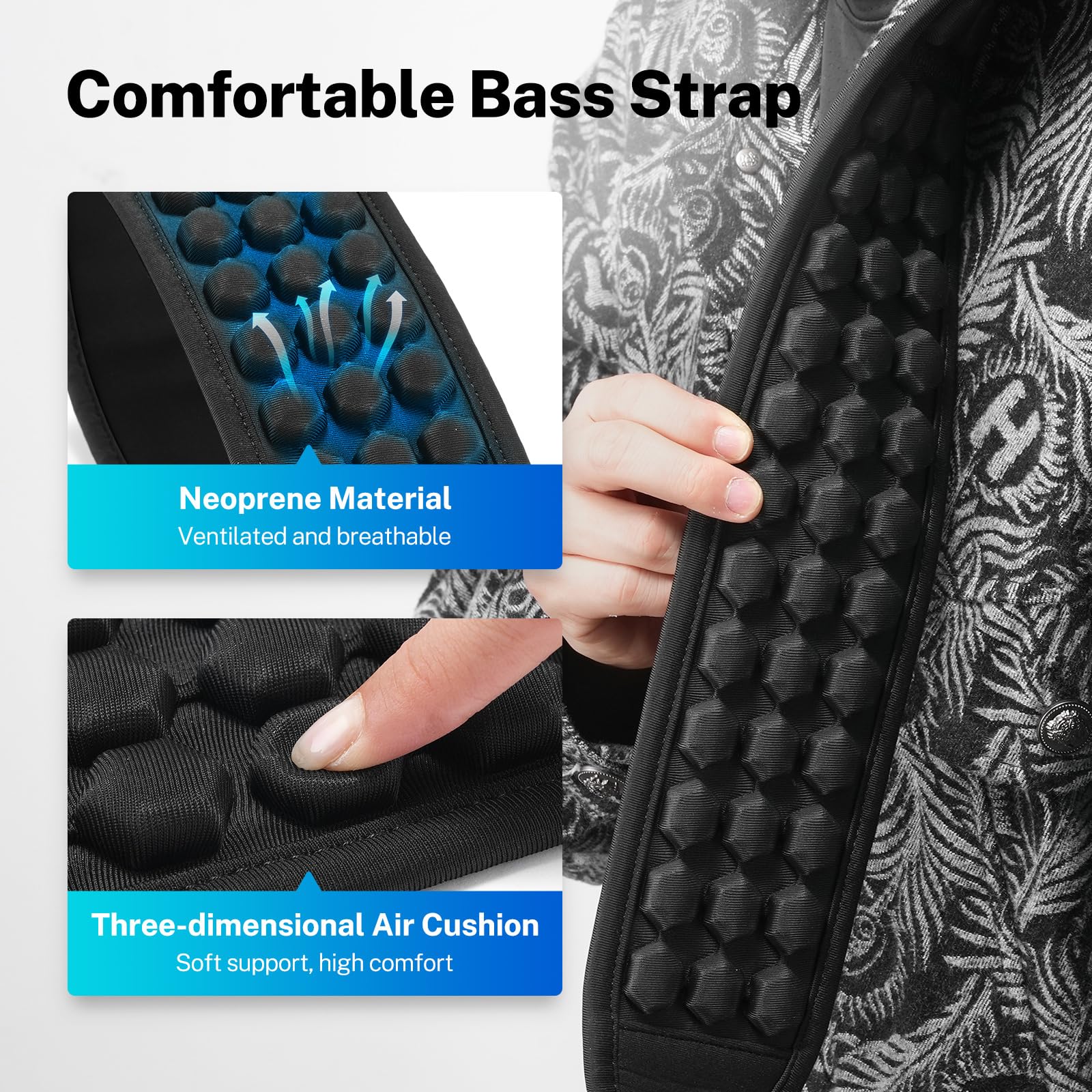 POGOLAB Guitar Strap, 3.5″ Wide Air Cell Cushions Neoprene Padded Soft Comfortable Bass Strap, Adjustable Length from 47″ to 55″ with Strap Locks & Picks, for Bass Electric Guitar (Regular) Black