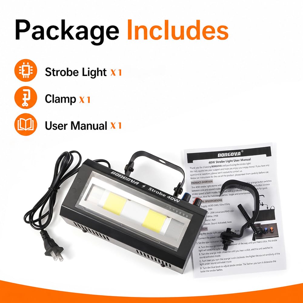 BORGOVA 40W LED Strobe Light, Portable White LED Stage Flashing Light