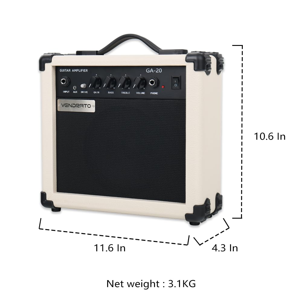 Electric Guitar Amplifier 20w amp Cream White Color gain bass Treble 3.5mm aux in Drive 6.5mm Guitar Input Headphone Portable for Beginner Starter Practice Travel amp noiseless Cable Pick and Adapter