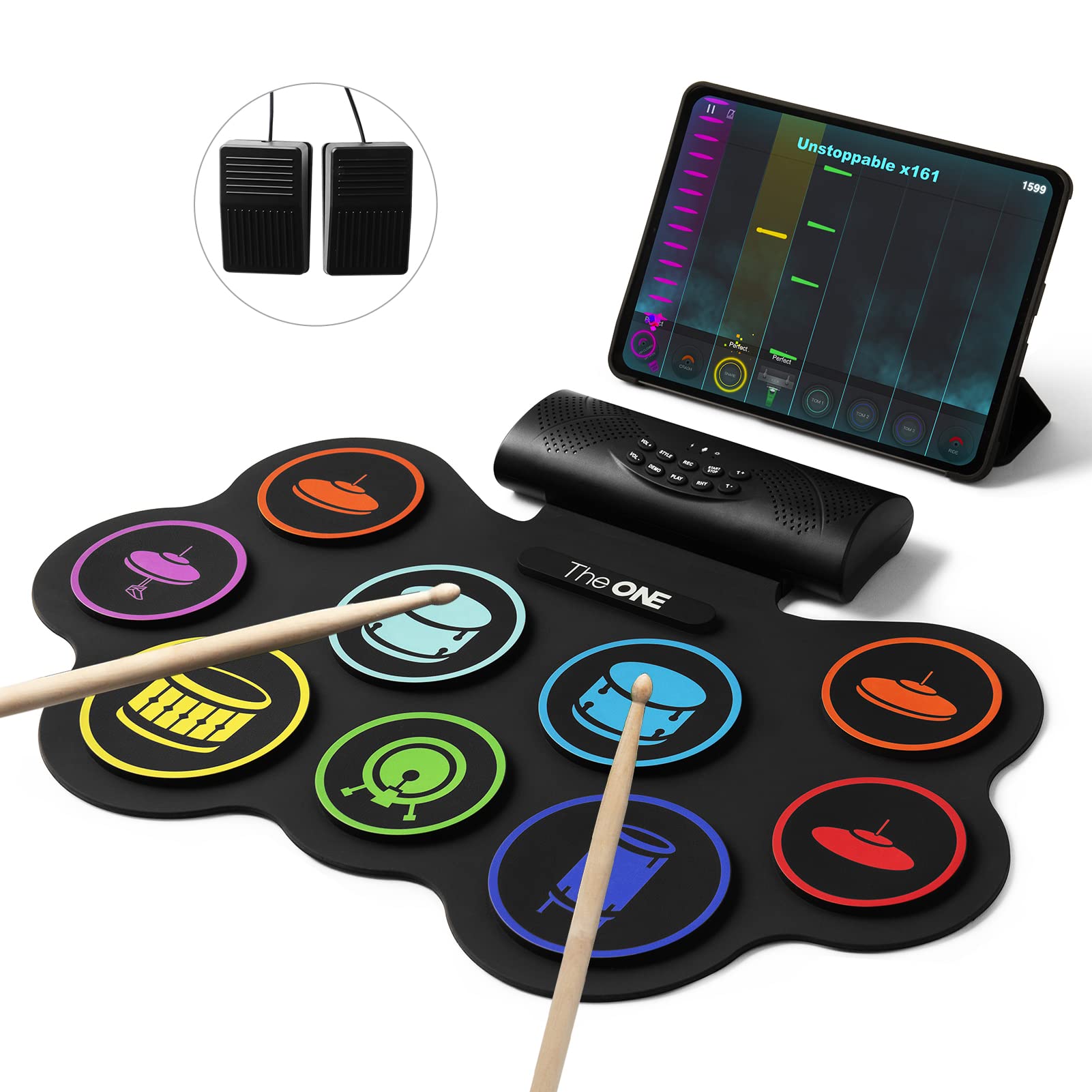 The ONE Electronic Drum Set 9 Pads Roll Up Drum Kit With Free App, Dual Built-in Speakers, Drum Sticks Pedals, Bluetooth MIDI, Great Christmas & Birthday Gift For Kids and Beginners
