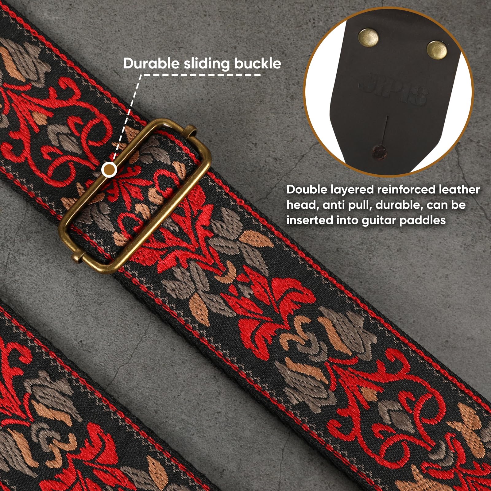 Guitar Strap,Jacquard Cotton Guitar Straps with Real Leather Ends for Acoustic,Electric Guitars and Bass,with Free 1 Head Strap, 2 Anti Slip Buckle and 3 Guitar Picks (GS-75-1 Deep Red Jacquard)