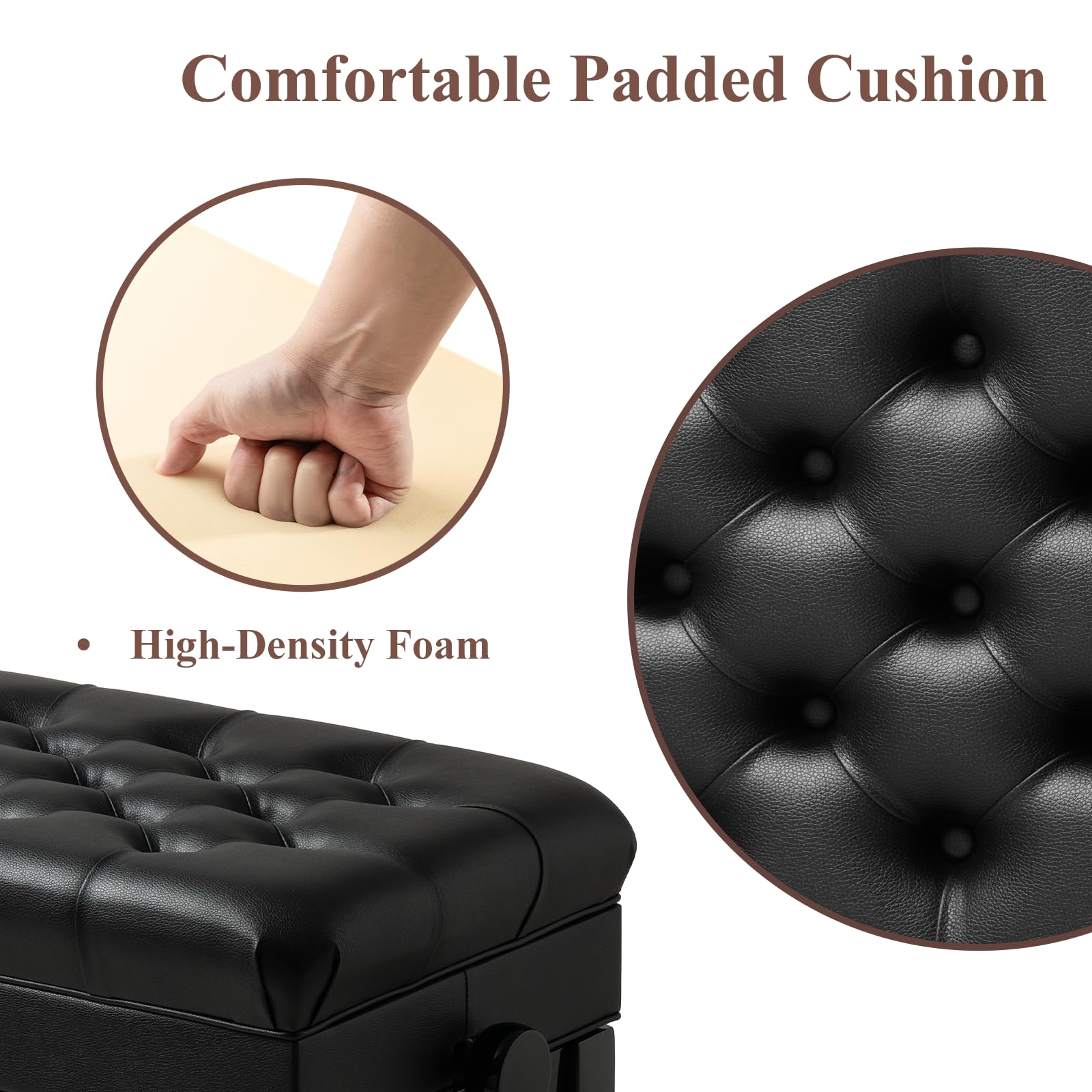 FILISITE Adjustable Height Piano Bench with Storage, Heavy Duty Solid Wood Piano Stool Keyboard Bench with PU Leather Padded Cushion(Black)