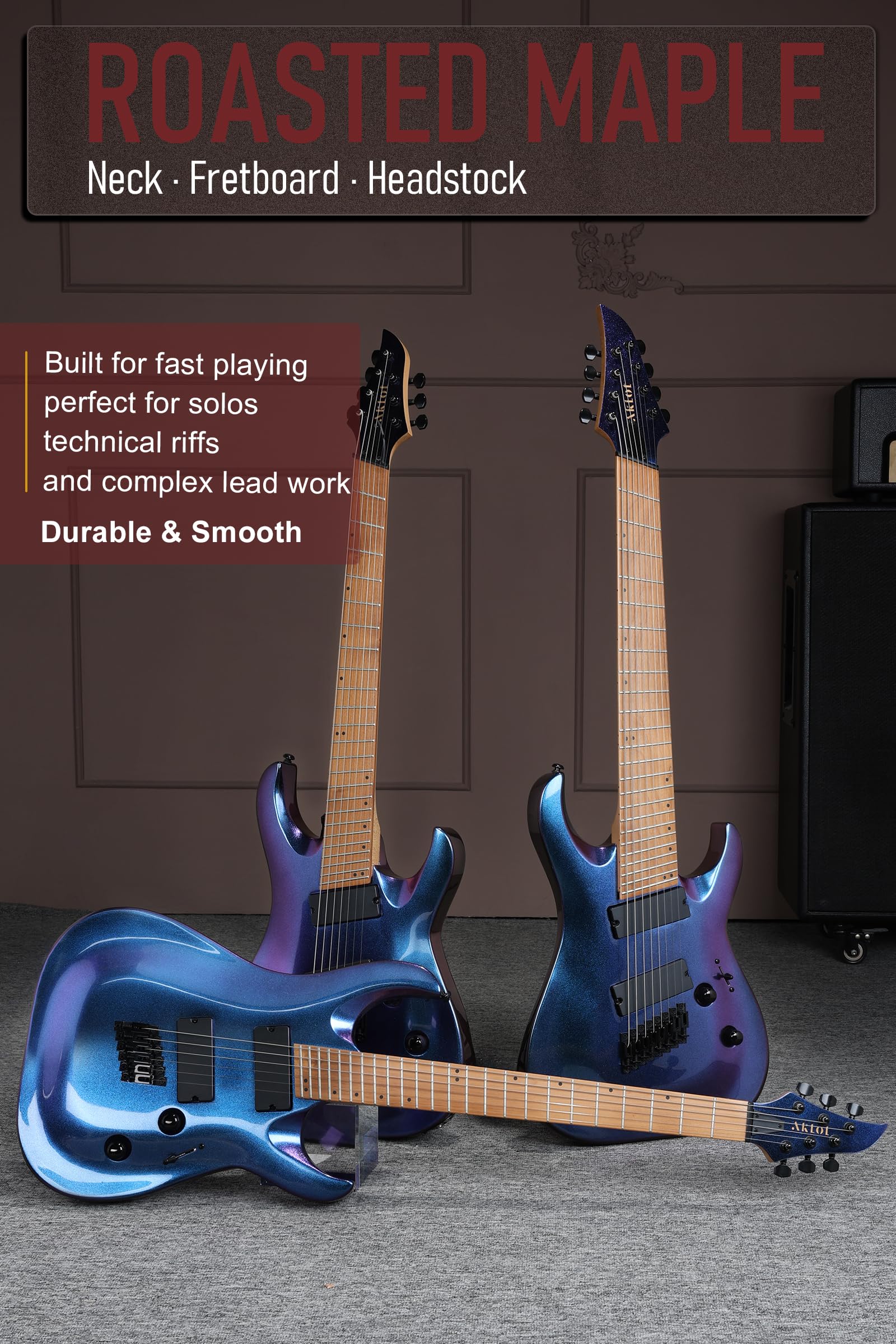 AKLOT Multi-Scale 7-String Electric Guitar: Roasted Maple Neck with String-Through Bridge Electric Guitars Kit with Okoume Body, HH Pickup, Gig Bag, Strap, Distortion Pedal, XRN-7 Yellow