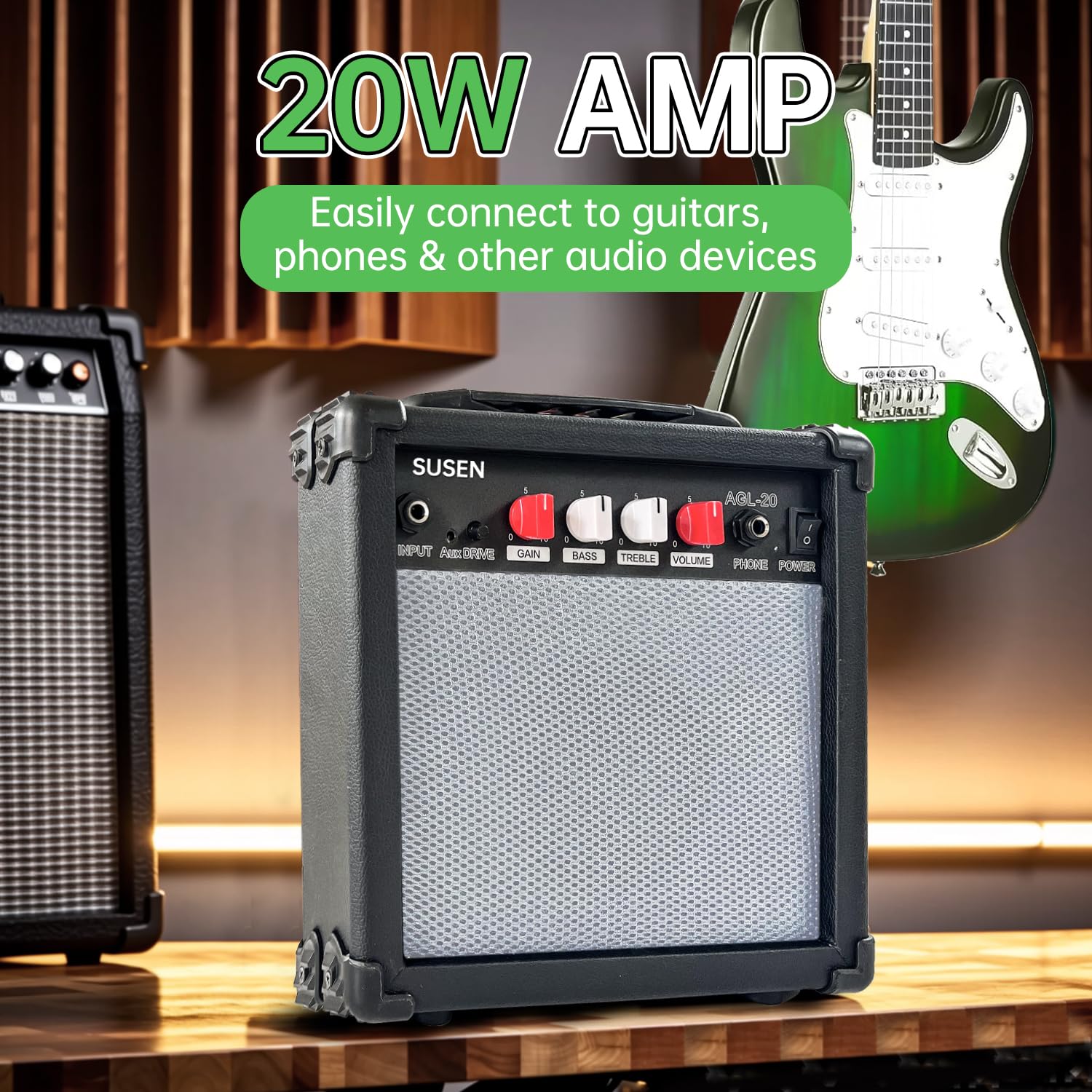 Electric Guitar Amplifier 20 Watt Amp Portable Amp with Headphone Input Gain Powe Including Professional Noise Reduction Cable (White)