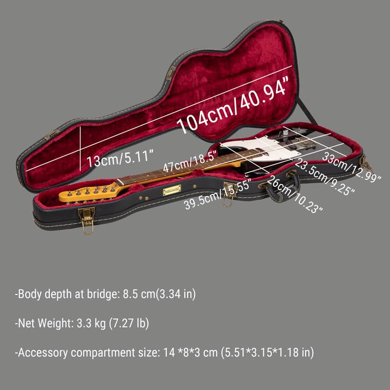 Crossrock Wooden Guitar Case -Fits Telecaster and Stratocaster Styles of Guitars -Vintage Hardware, Sponge Lining, Storage Space-Black (CRW520STBK)