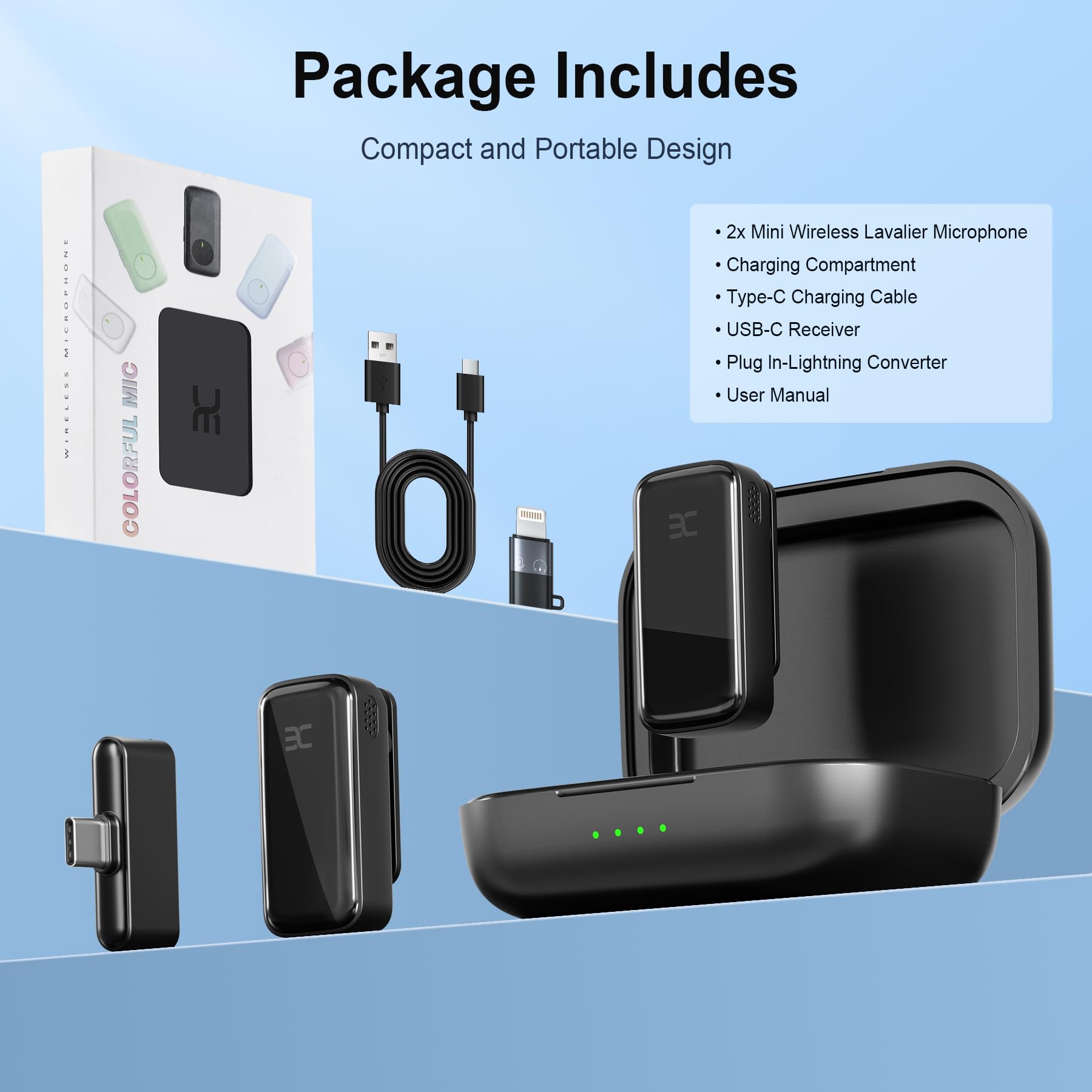 EX Wireless Lavalier Microphone System, Dual Clip-On Mics + Charging Case, 164ft Range Plug-and-Play for iPhone/Android, Advanced Noise Reduction, 48H Runtime-Video Recording, TikTok, YouTube, Black