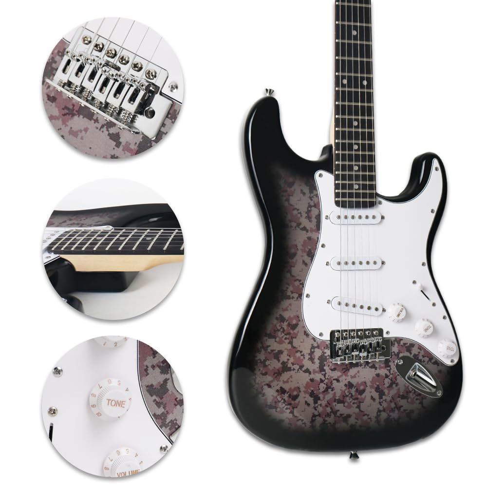 Full Size Camo Electric Guitar Kit With 20W Amp Bundle Noiseless Cable Bag Picks Capo String Strap Guitar Cloth tremolo Bar Wrenches In As Free 39Inch Guitar Solid Body 6.5Inch Speaker (ST Camo Pink)