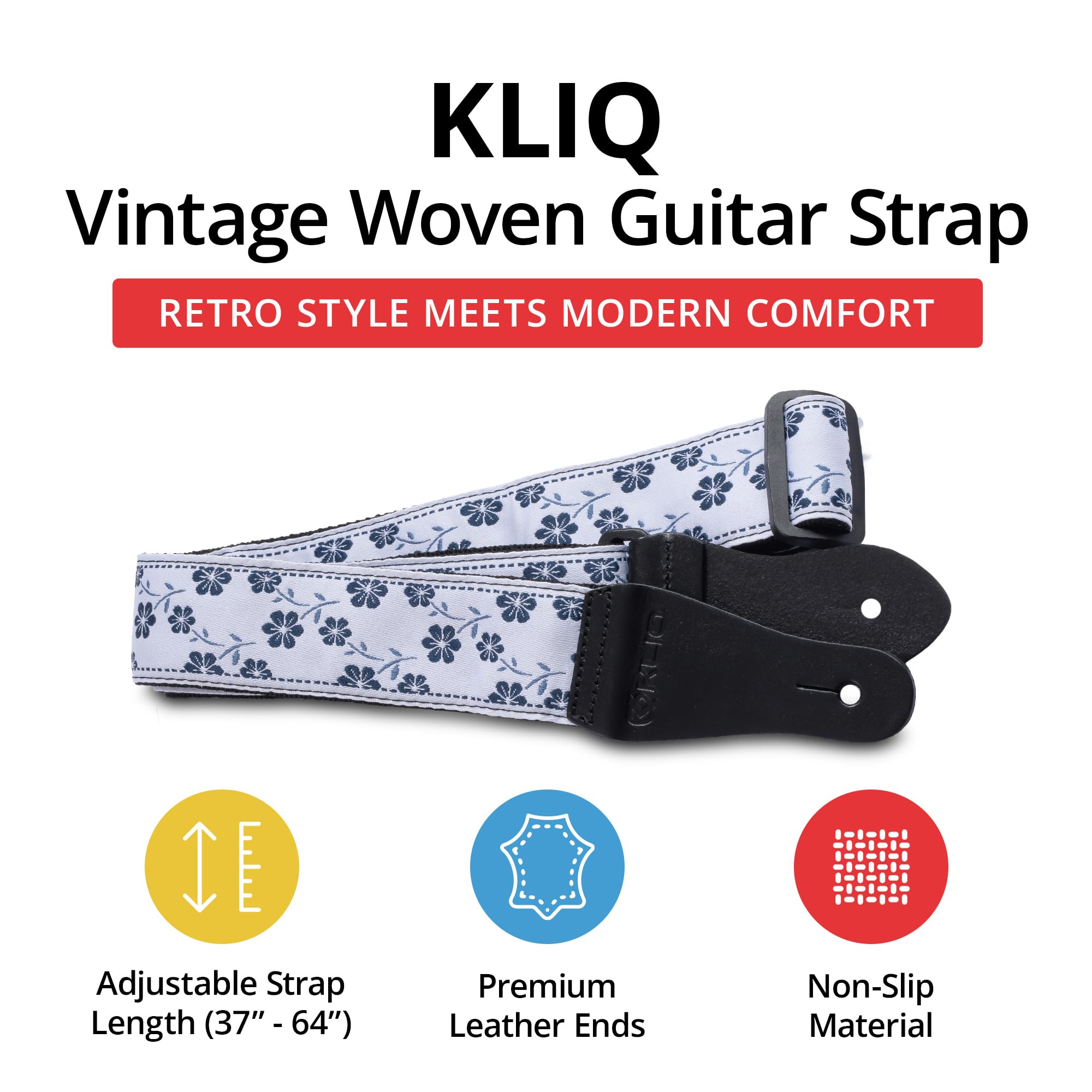 KLIQ Vintage Woven Guitar Strap for Acoustic and Electric Guitar, Blue Wildflower, Flower, Blue Wildflower, Flower