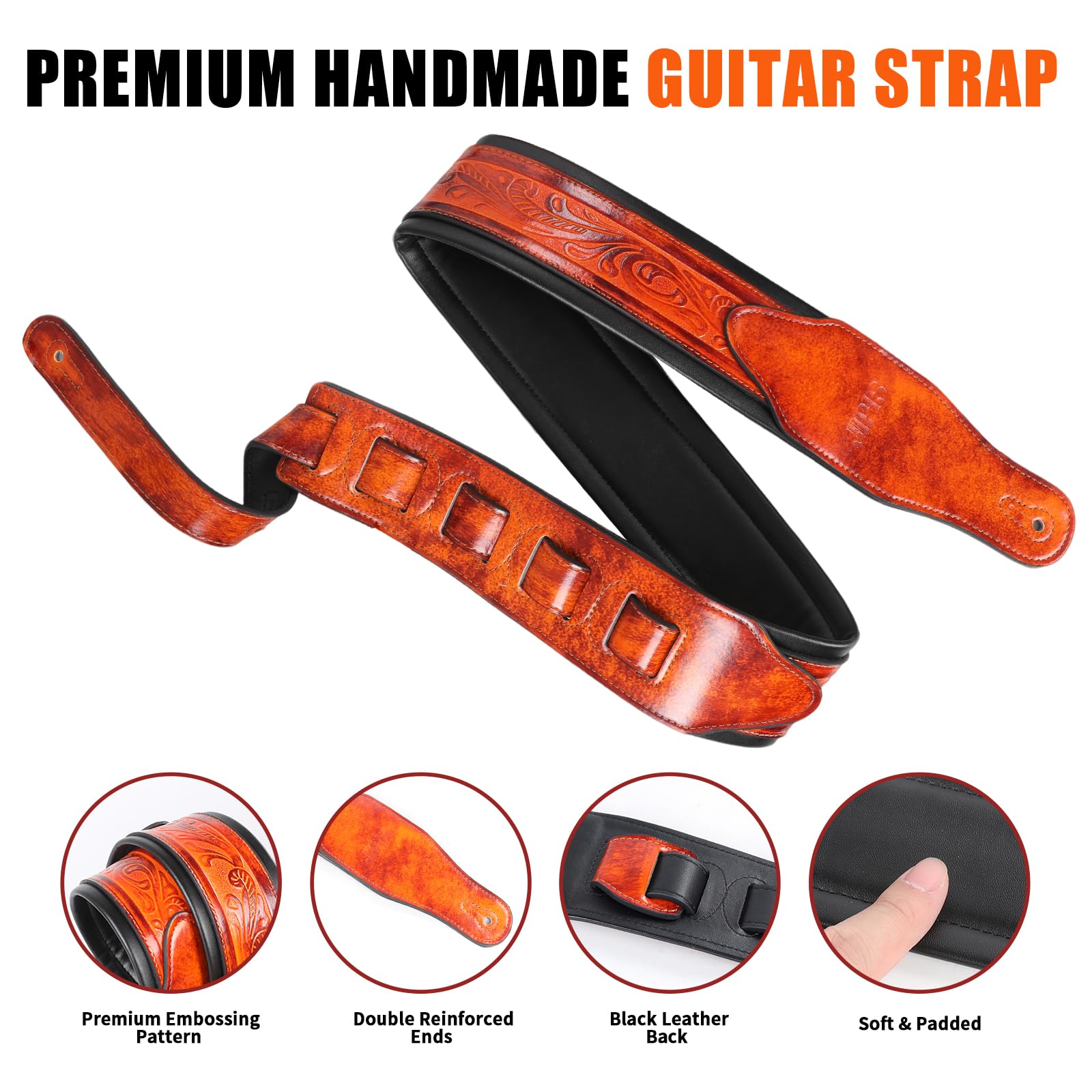 JIPIS Leather Guitar Strap,Vintage Bourbon Brown,2.75″ Handmade Padded Strap Classic Pattern for Bass,Electric&Acoustic Guitars (Light Bourbon Brown)