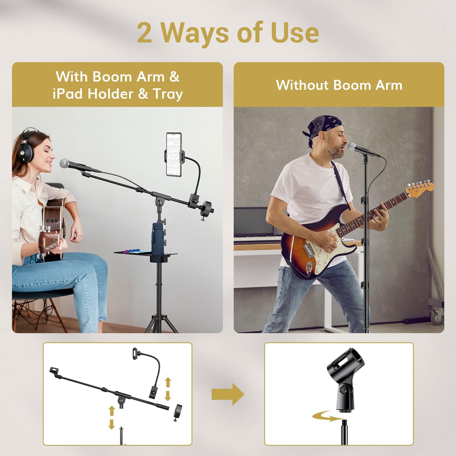 TONOR Microphone Stand with Tablet Holder, Tripod Boom Arm for Floor, Adjustable Height and Angle, Stand with Carrying Bag, Pad Clamp, Max 190 cm/74.8inch, High Compatibility, Cup Tray, T35+