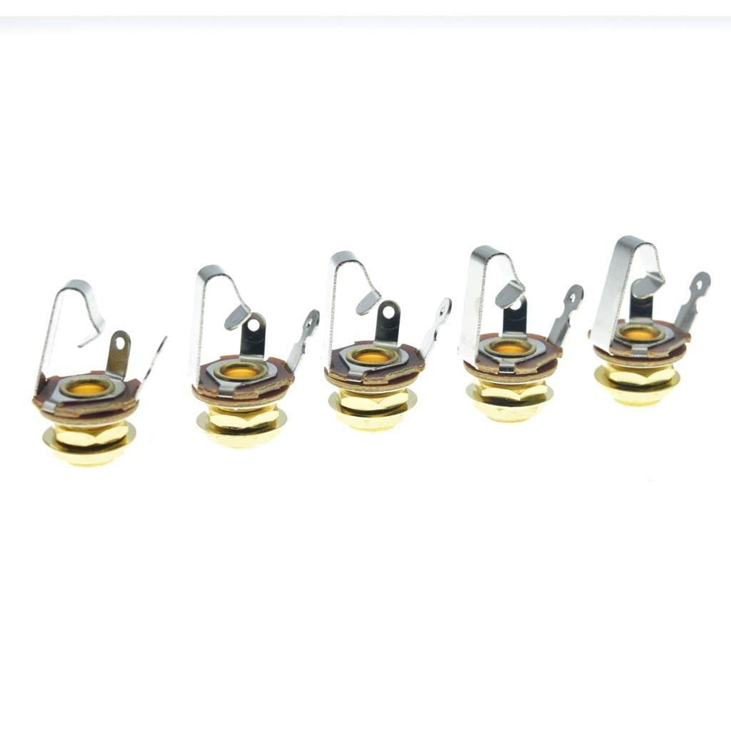 KAISH Gold Premium 5pcs Brass Material Metric Thread Audio 1/4″ Female Guitar/Bass Output/Input Jack 6.35mm TS Mono Panel Mount Jack Socket with Nuts and Washer