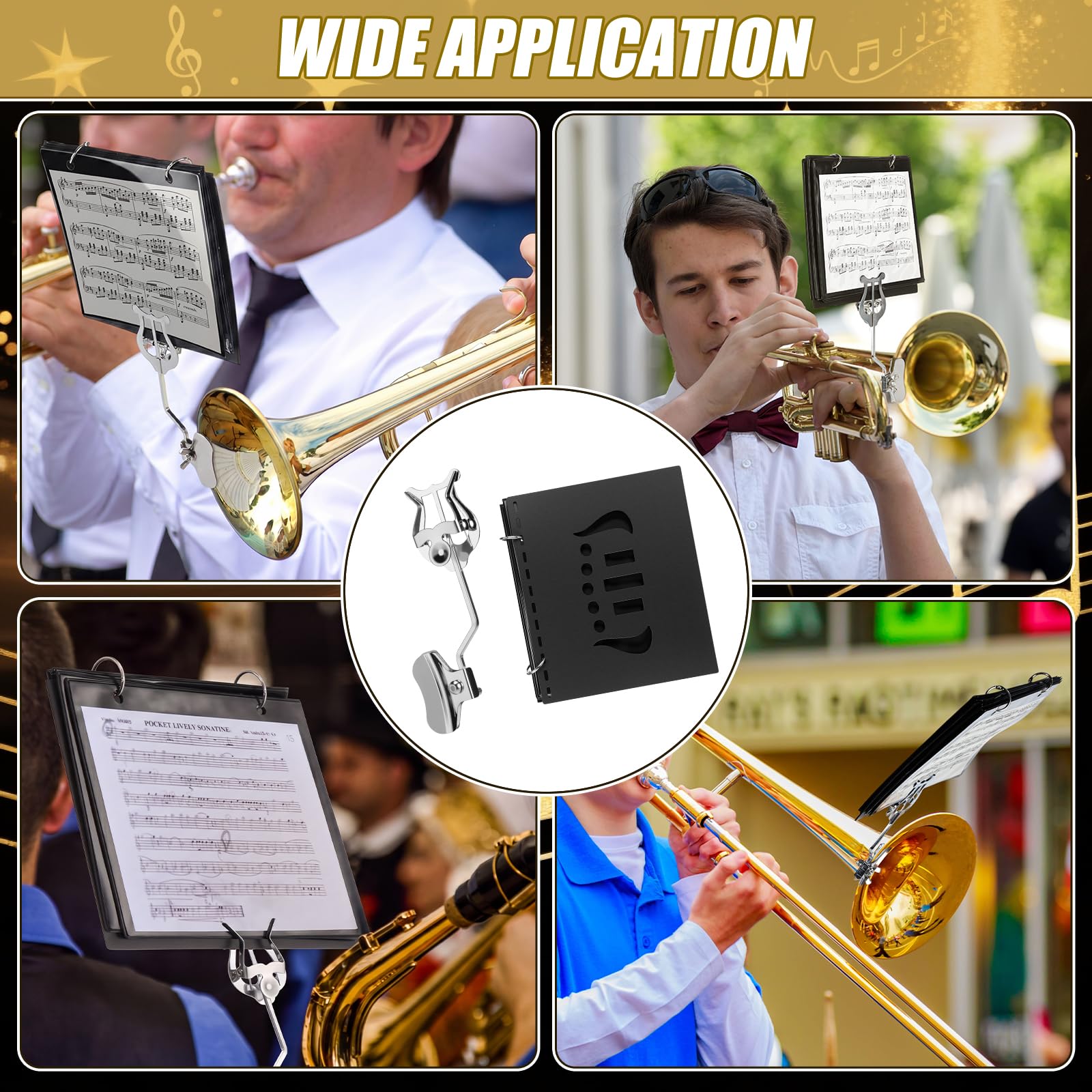 Otoolling 2 Pack Trombone Lyre Sheet Music Clip and Flip Folder with 10 windows and 2 holes Parade Band Sheet Music Stand 7.5 x 6 inches for Parades Practice and Performances