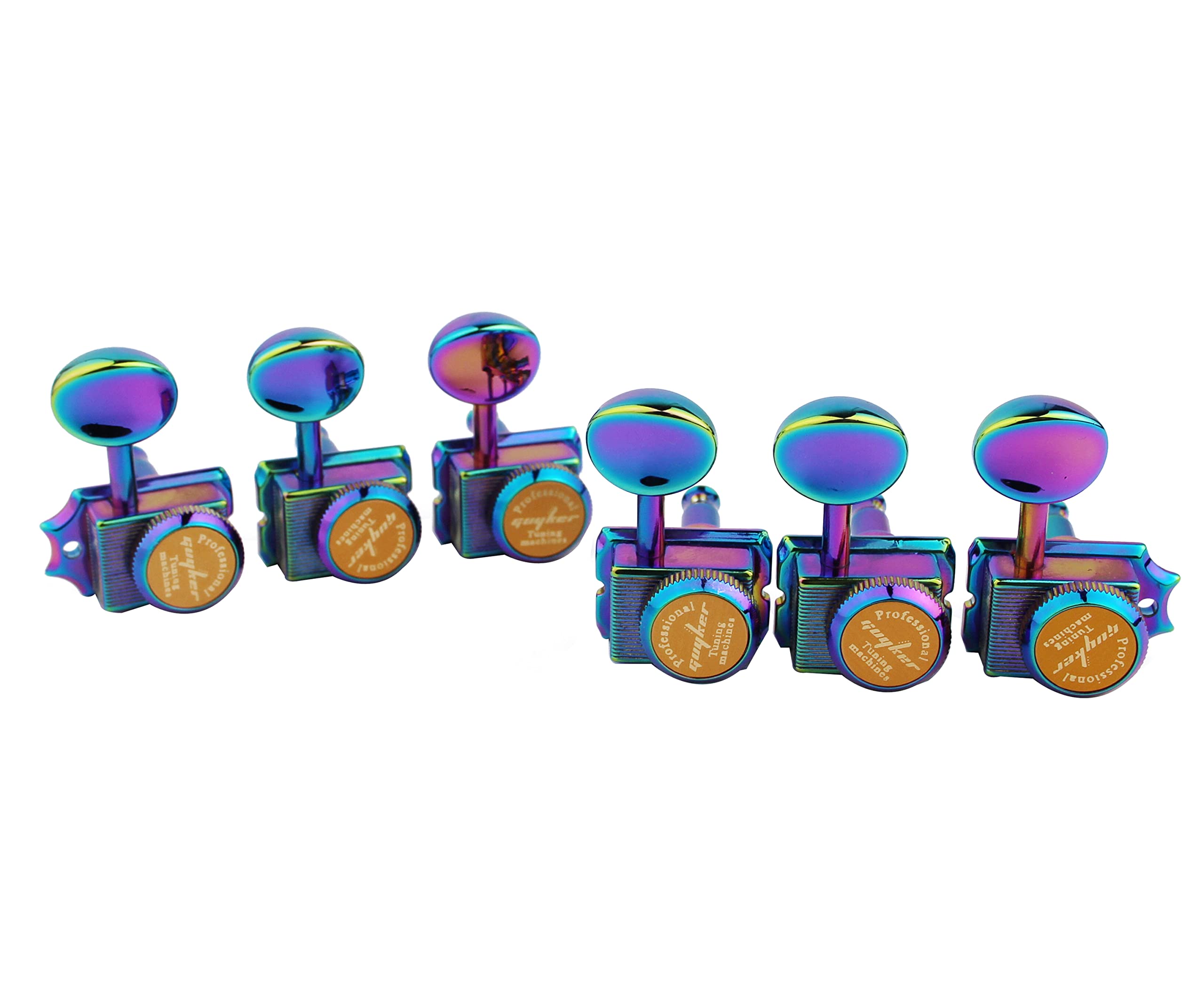 Guyker 6-in-line Vintage Guitar Lock String Tuners – Locking Tuning Key Pegs Machine Heads Replacement Parts for ST TL Style Electric Guitars Gear Ratio 1:15 – Chameleon Rainbow