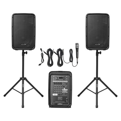 VEVOR Portable PA System with Microphone, 300W Powered, Sound System with 8 Channel Mixer, Dual 8” Speakers, Wireless Bluetooth, Compact Stands, USB SD XLR RCA Inputs, for DJs Events Indoor &Outdoor
