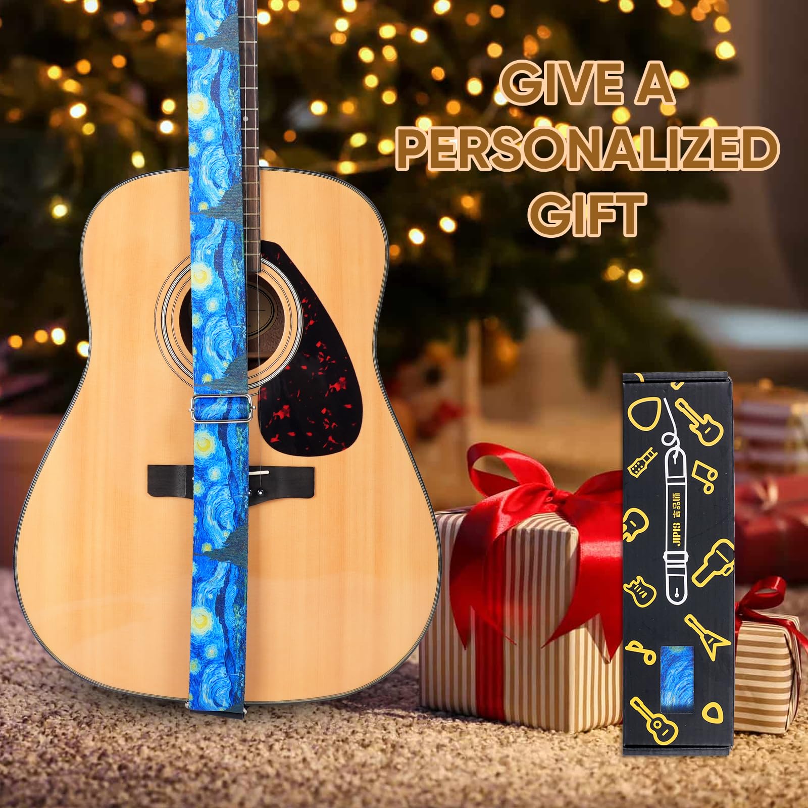 JIPIS Universal Strap for Bass,Electric & Acoustic Guitar with Creative Van Gogh Starry Sky Pattern, Include 3 Picks, 2 Locks,1 Headband Adjustable Guitar Strap for All Guitarists (GS-07 Starry sky)