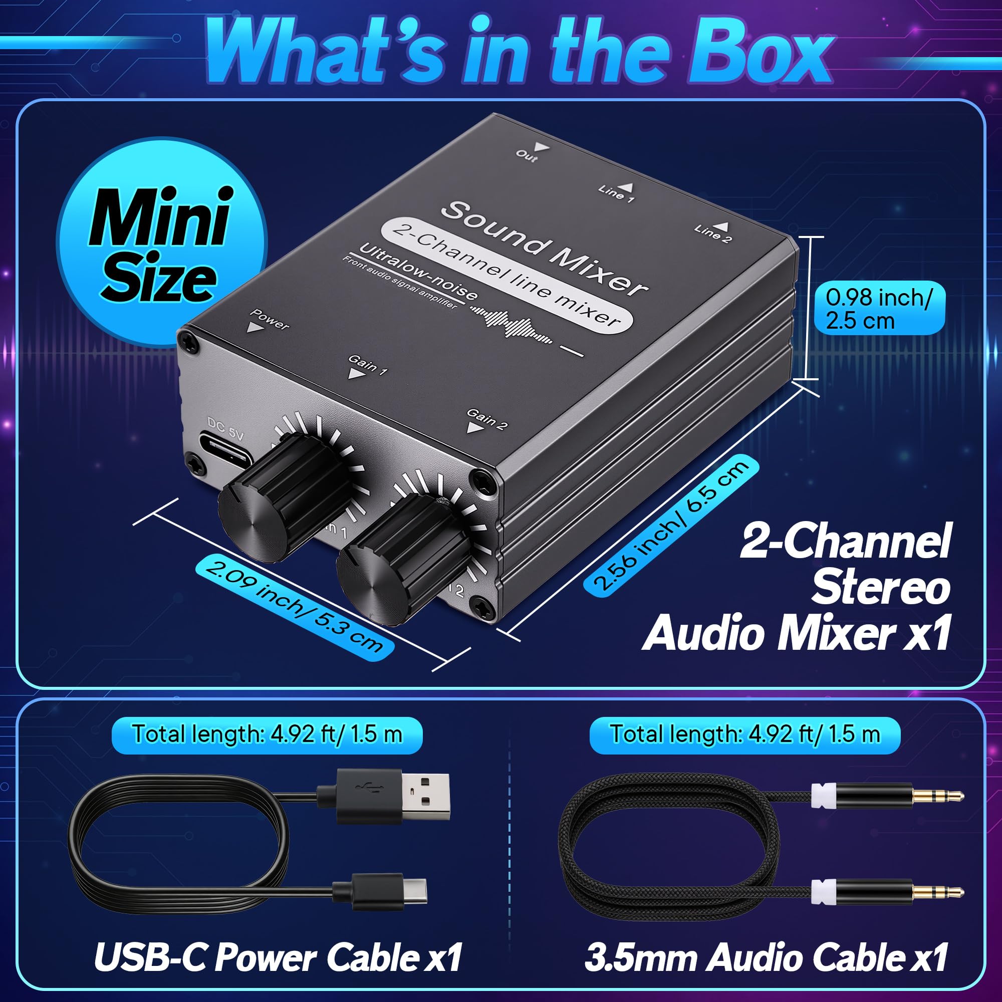Hohean 2 Channel Stereo Audio Mixer, 3.5mm 2 In 1 Out, Dual Volume Control