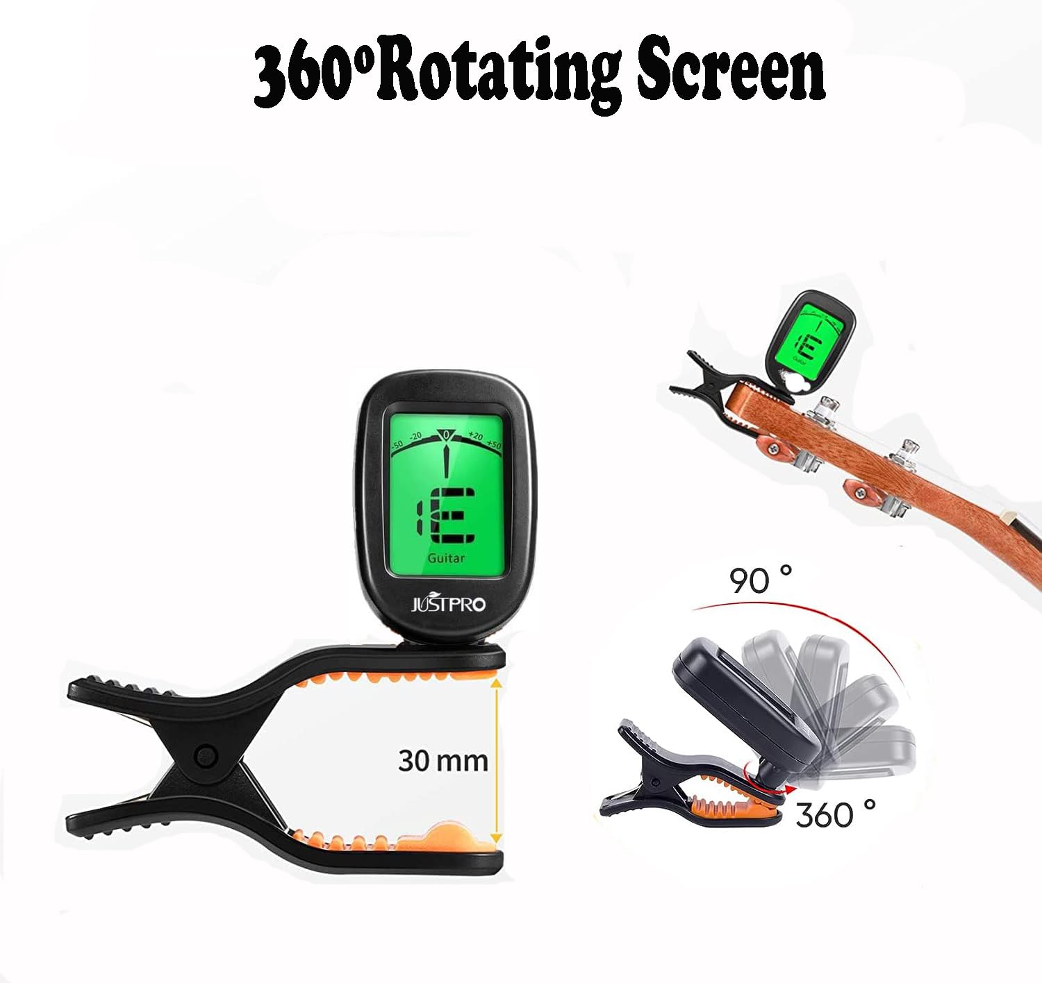 JUSTPRO Guitar Tuner Clip on with Chromatic Tuning Modes, Guitar Tuner for Acoustic/Electric Guitar, Ukulele, Violin, Bass, Banjo