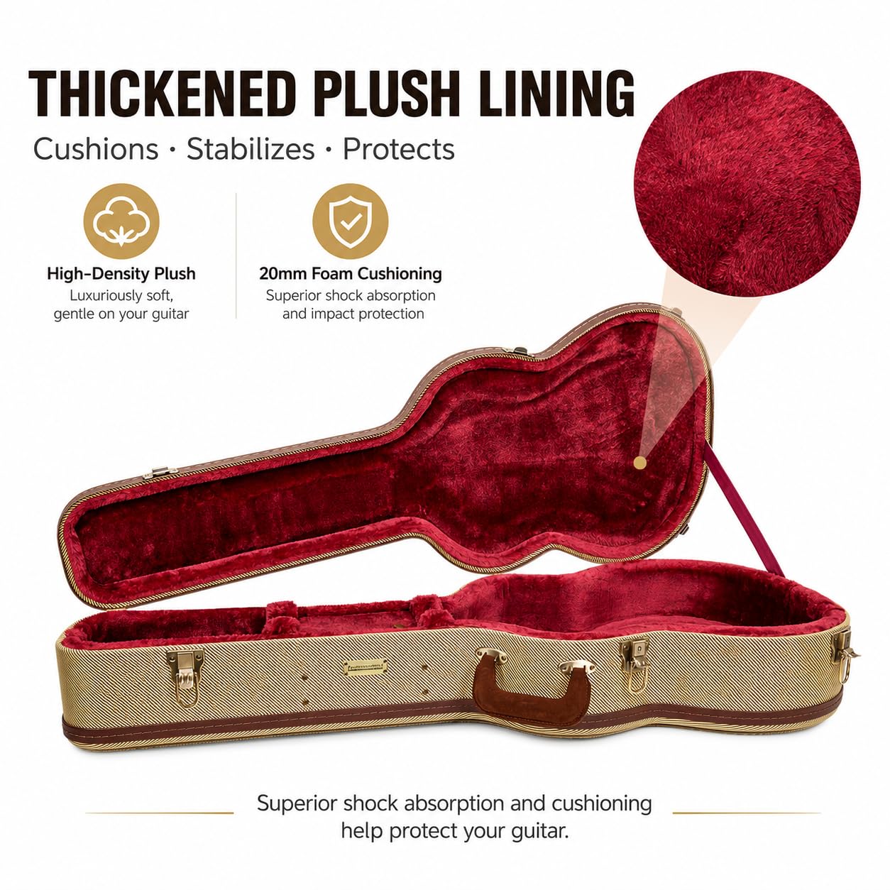 Crossrock Master Series 000 12-Fret Acoustic Guitar Case | Classic Tweed Exterior, Re-Engineered Wooden Shell, Leather Handle & Deep Red Velvet Interior(CRW720-00012FT)