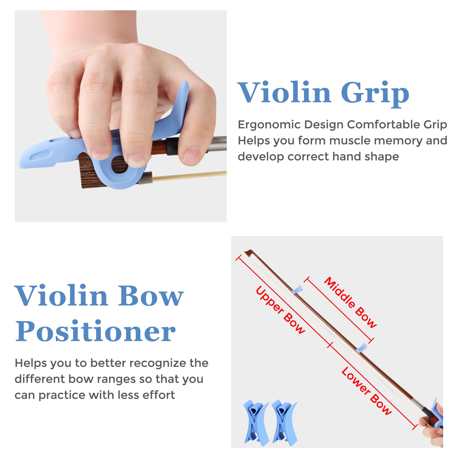 RANMING Violin Bow Holder for Practice– Silicone Hand Position Corrector Non-Slip Teaching Tool for Beginners Students Improve Bow Grip & Posture Violin Teaching Aid With 2 Bow Stopper Blue