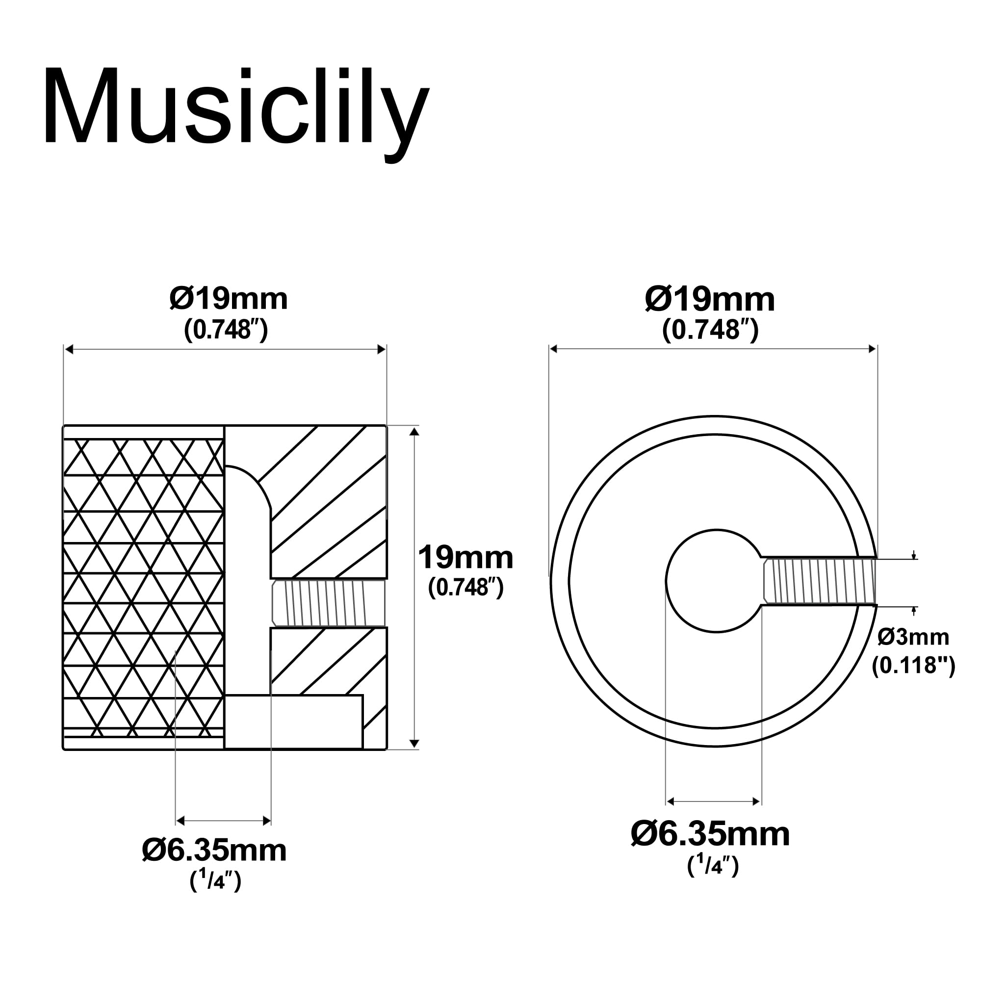 Musiclily Pro 1/4 Inch Fitting Flat Top Knobs with Set Screw, Chrome 2 Pcs