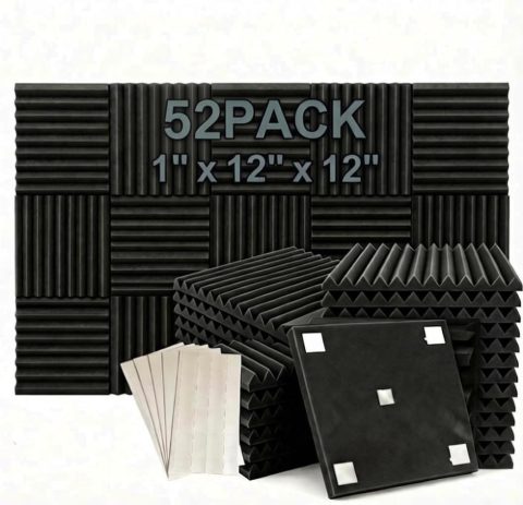 52 Pack 12 “X 12 “X1” Acoustic Panels Studio Soundproofing Foam Wedge Tiles(Accompanied By Double-Sided Adhesive Tape) (52BLACK)