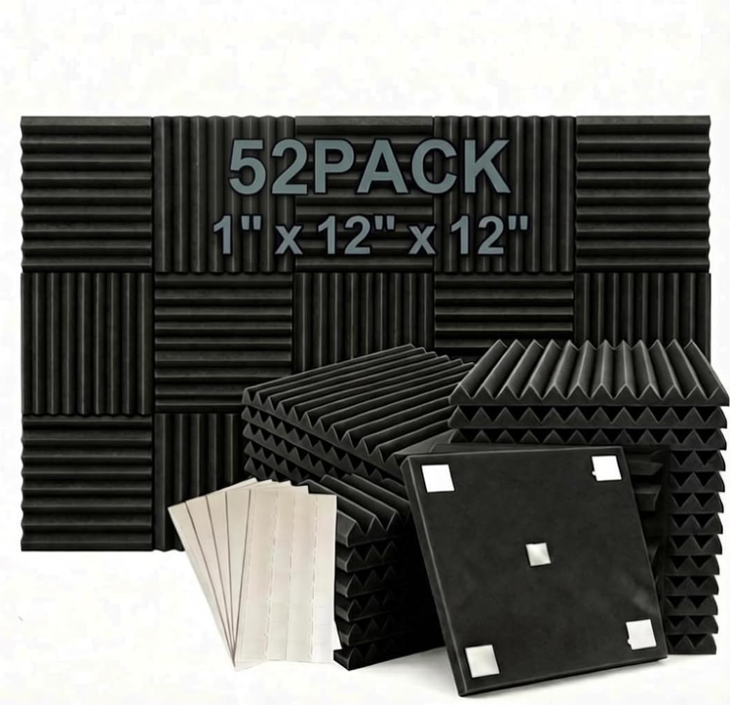 52 Pack 12 “X 12 “X1” Acoustic Panels Studio Soundproofing Foam Wedge Tiles(Accompanied By Double-Sided Adhesive Tape) (52BLACK)