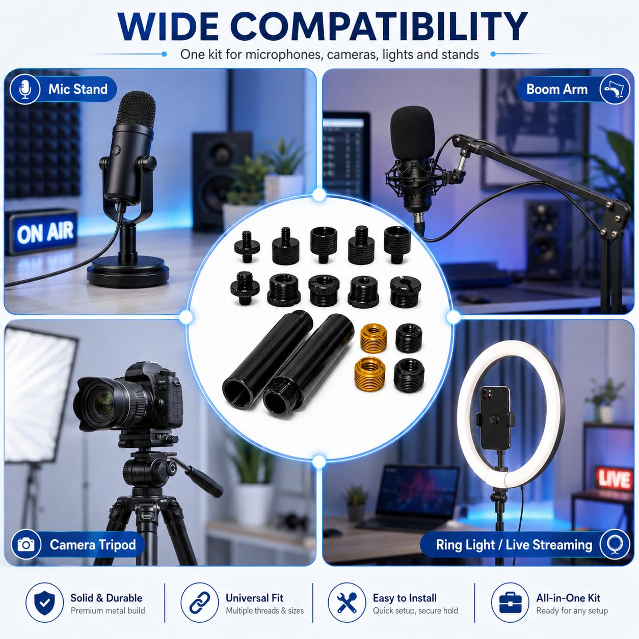 16 Pack Mic Stand Adapter Kit with Extension Tubes, 1/4, 3/8 and 5/8